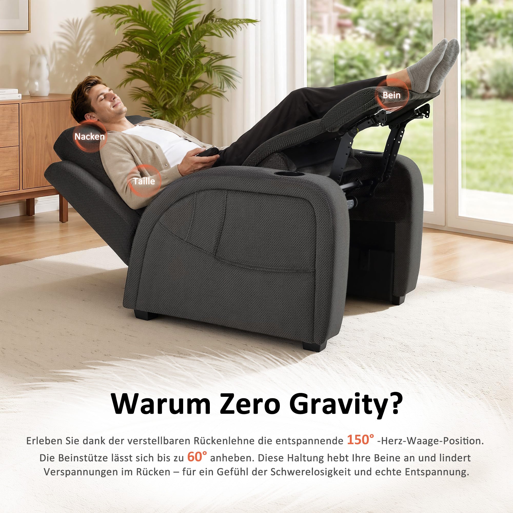 M MCombo Poltrona Relax Elettrica a 2 Motori, Schienale e Poggiapiedi Regolabili Elettricamente, Poltrona Zero Gravity 150° con Funzione Reset, Cuscino di Seduta Interamente in Schiuma 35D 7042 (Tessuto, Grigio Scuro)