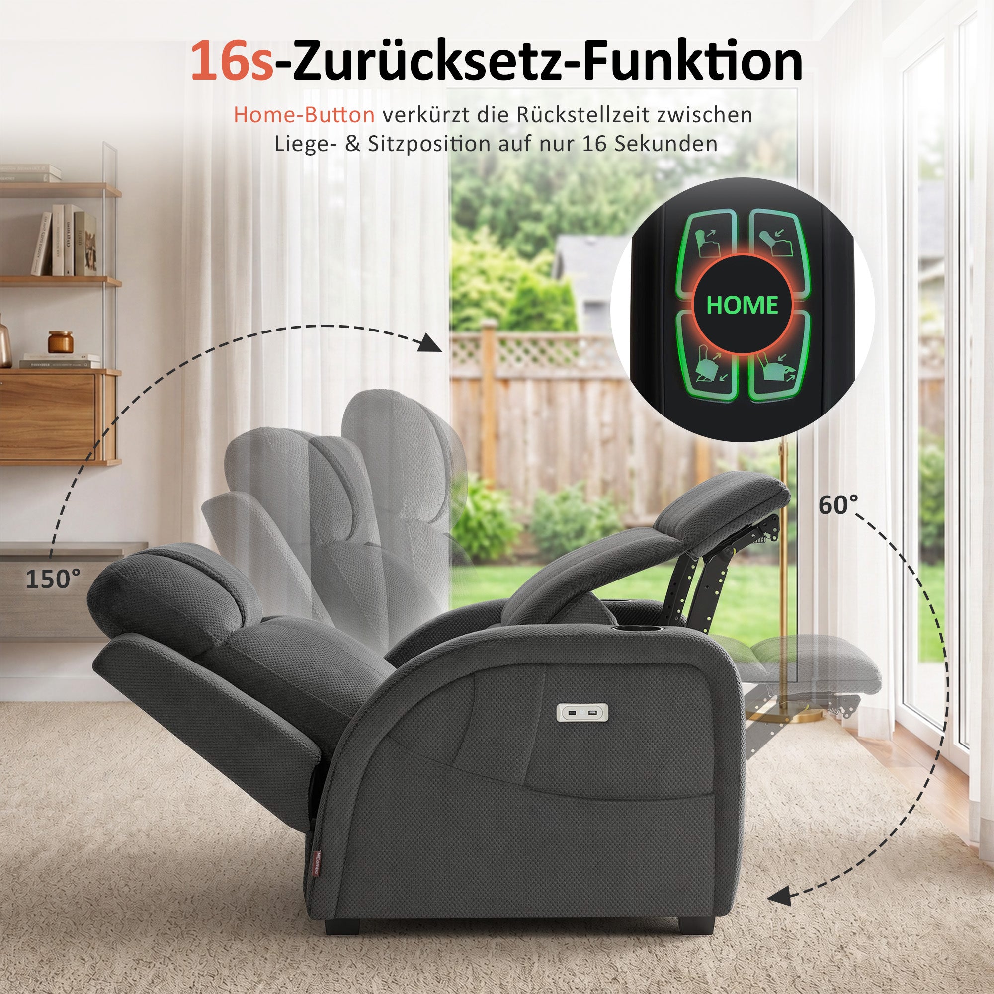 M MCombo Poltrona Relax Elettrica a 2 Motori, Schienale e Poggiapiedi Regolabili Elettricamente, Poltrona Zero Gravity 150° con Funzione Reset, Cuscino di Seduta Interamente in Schiuma 35D 7042 (Tessuto, Grigio Scuro)
