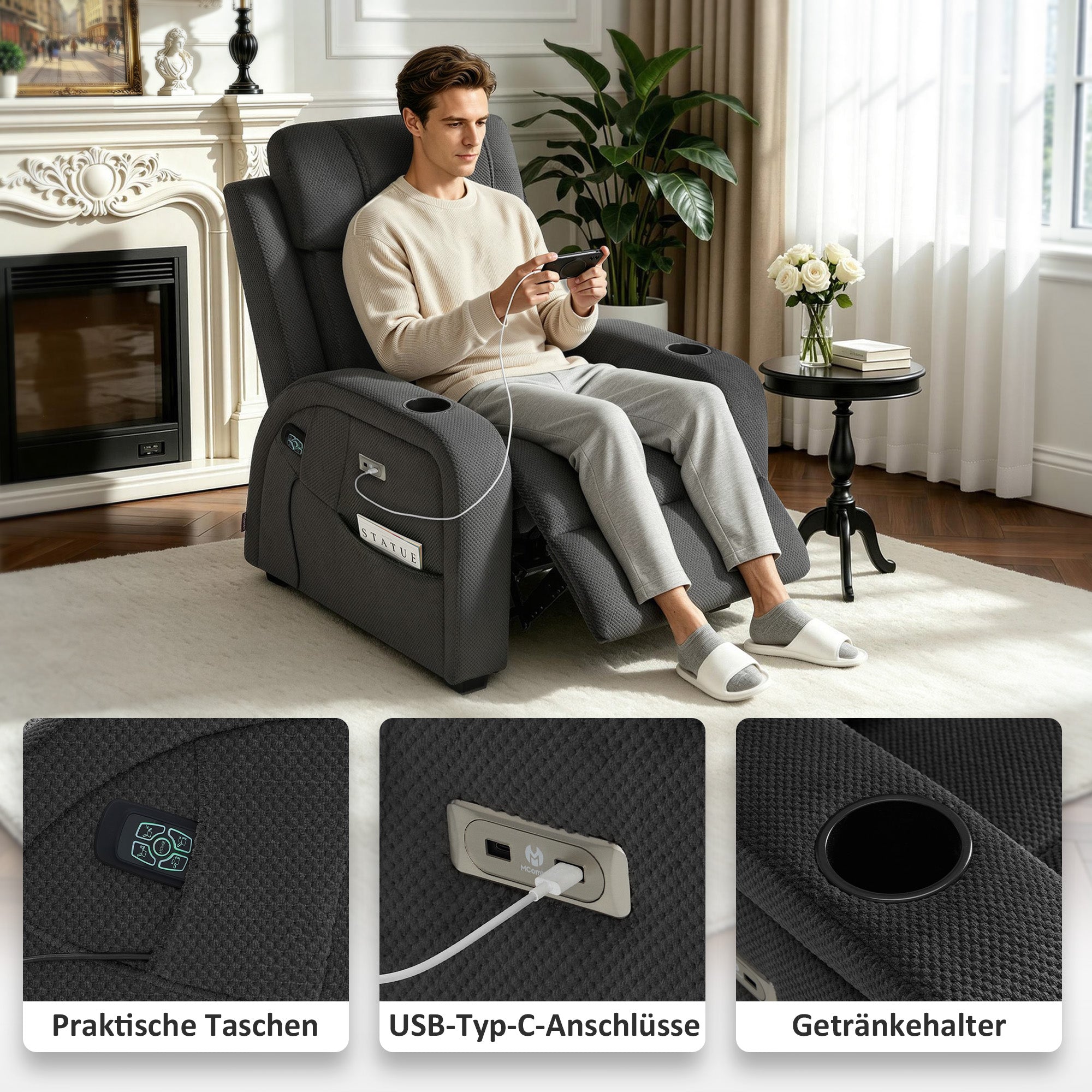 M MCombo Poltrona Relax Elettrica a 2 Motori, Schienale e Poggiapiedi Regolabili Elettricamente, Poltrona Zero Gravity 150° con Funzione Reset, Cuscino di Seduta Interamente in Schiuma 35D 7042 (Tessuto, Grigio Scuro)