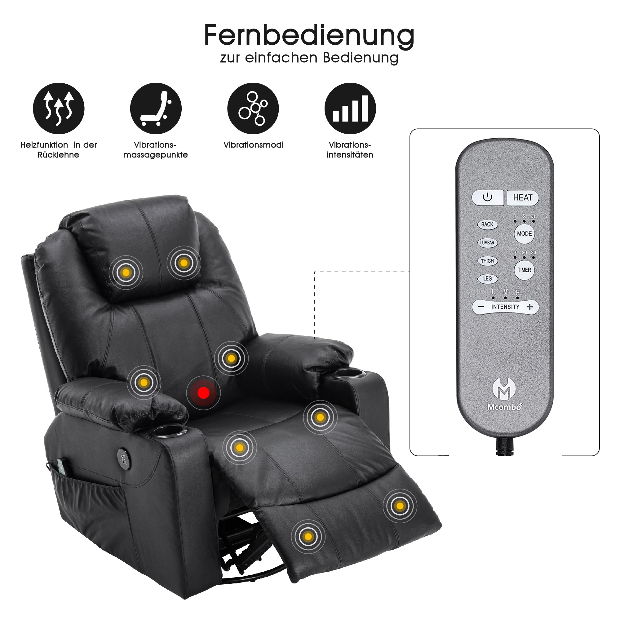 MCombo Poltrona relax con massaggio – Girevole e a dondolo, regolazione manuale, vera pelle – 7050