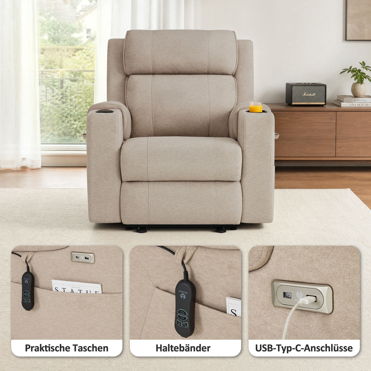M MCombo Fernsehsessel Elektrisch Verstellbar, Relaxsessel mit Liegefunktion, Bluetooth-Lautsprechern, Verstellbare Kopfstütze, Massage & Wärmefunktion, 35D Vollschaum-Sitzkissen 7053