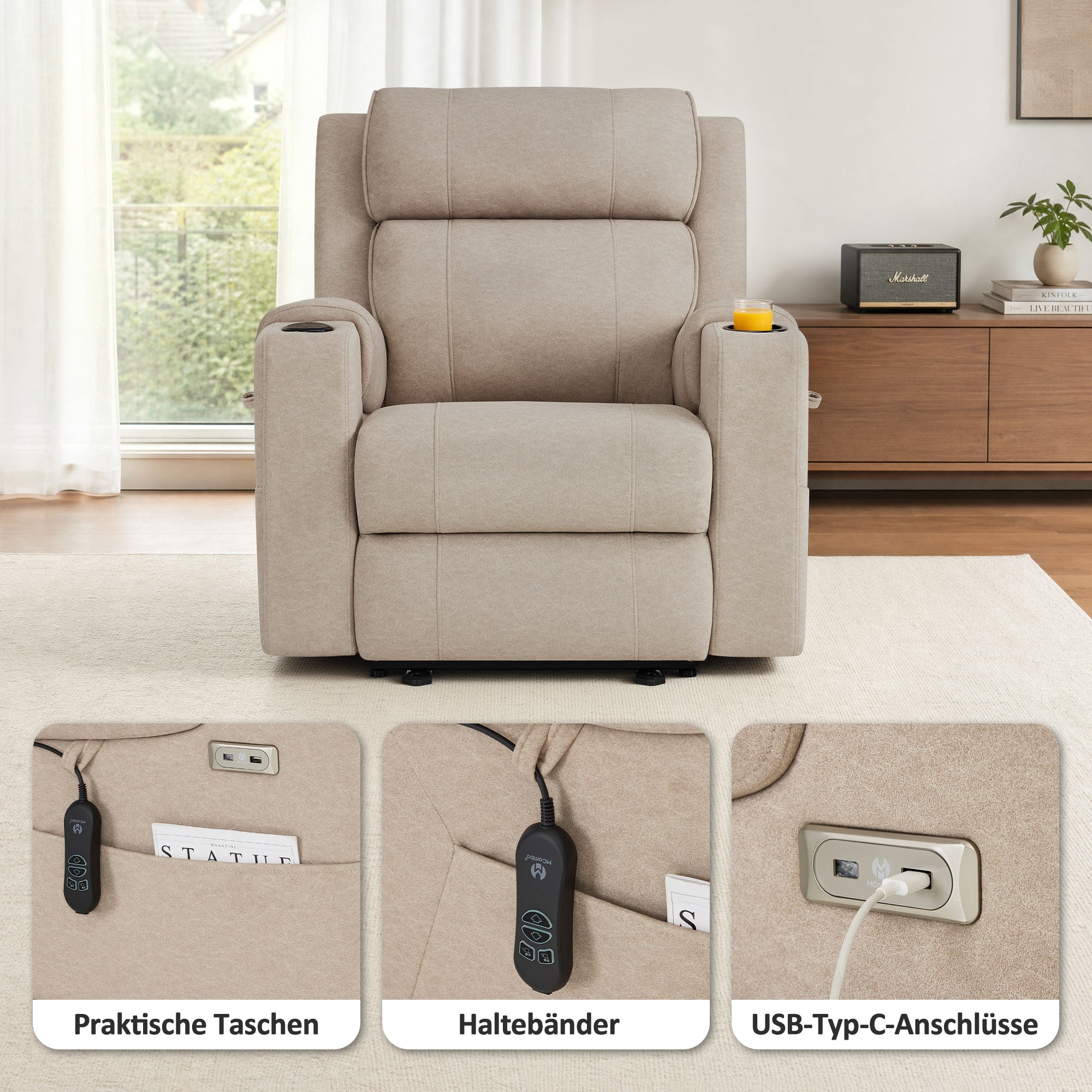 M MCombo Fernsehsessel Elektrisch Verstellbar, Relaxsessel mit Liegefunktion, Bluetooth-Lautsprechern, Verstellbare Kopfstütze, Massage & Wärmefunktion, 35D Vollschaum-Sitzkissen 7053