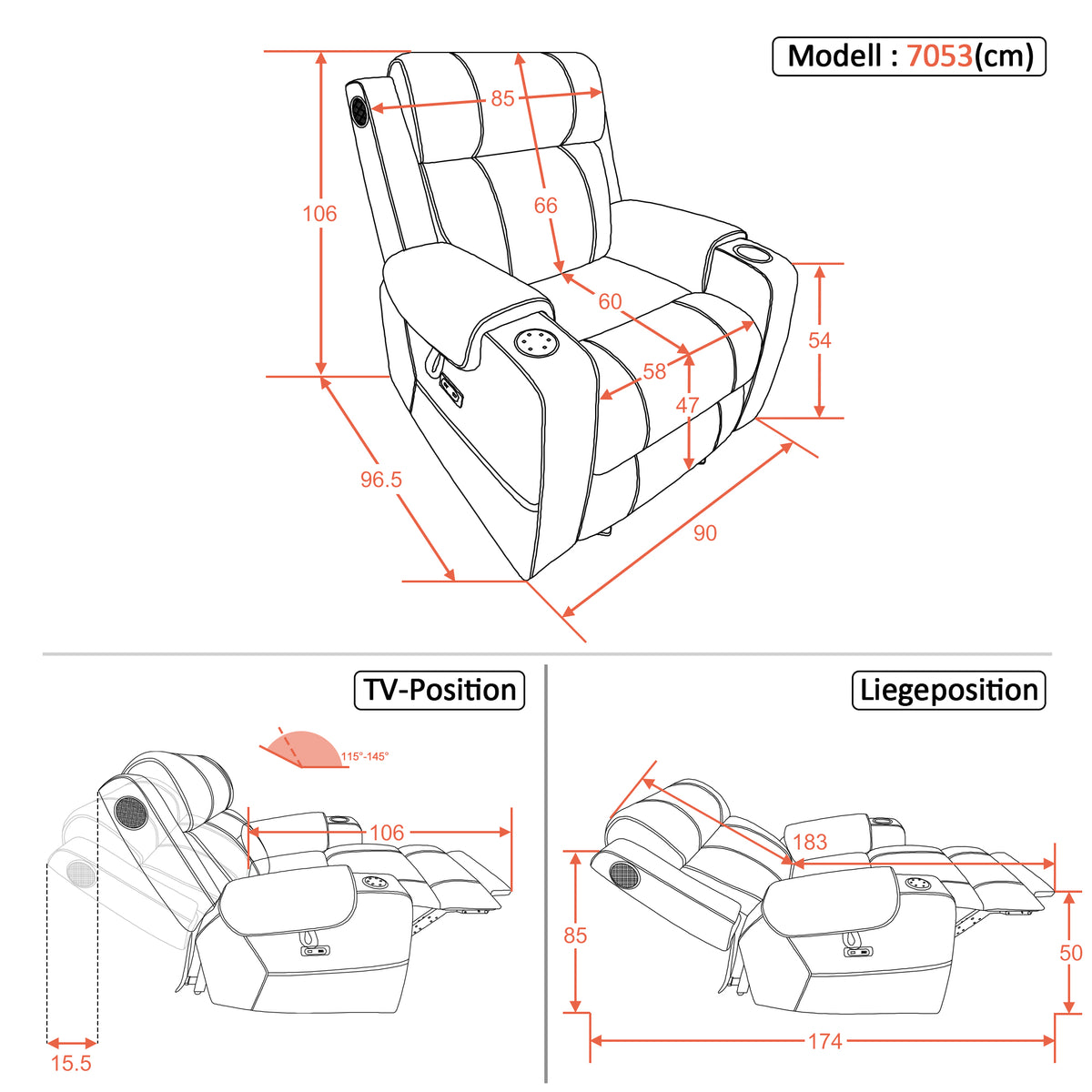 M MCombo Fernsehsessel Elektrisch Verstellbar, Relaxsessel mit Liegefunktion, Bluetooth-Lautsprechern, Verstellbare Kopfstütze, Massage & Wärmefunktion, 35D Vollschaum-Sitzkissen 7053