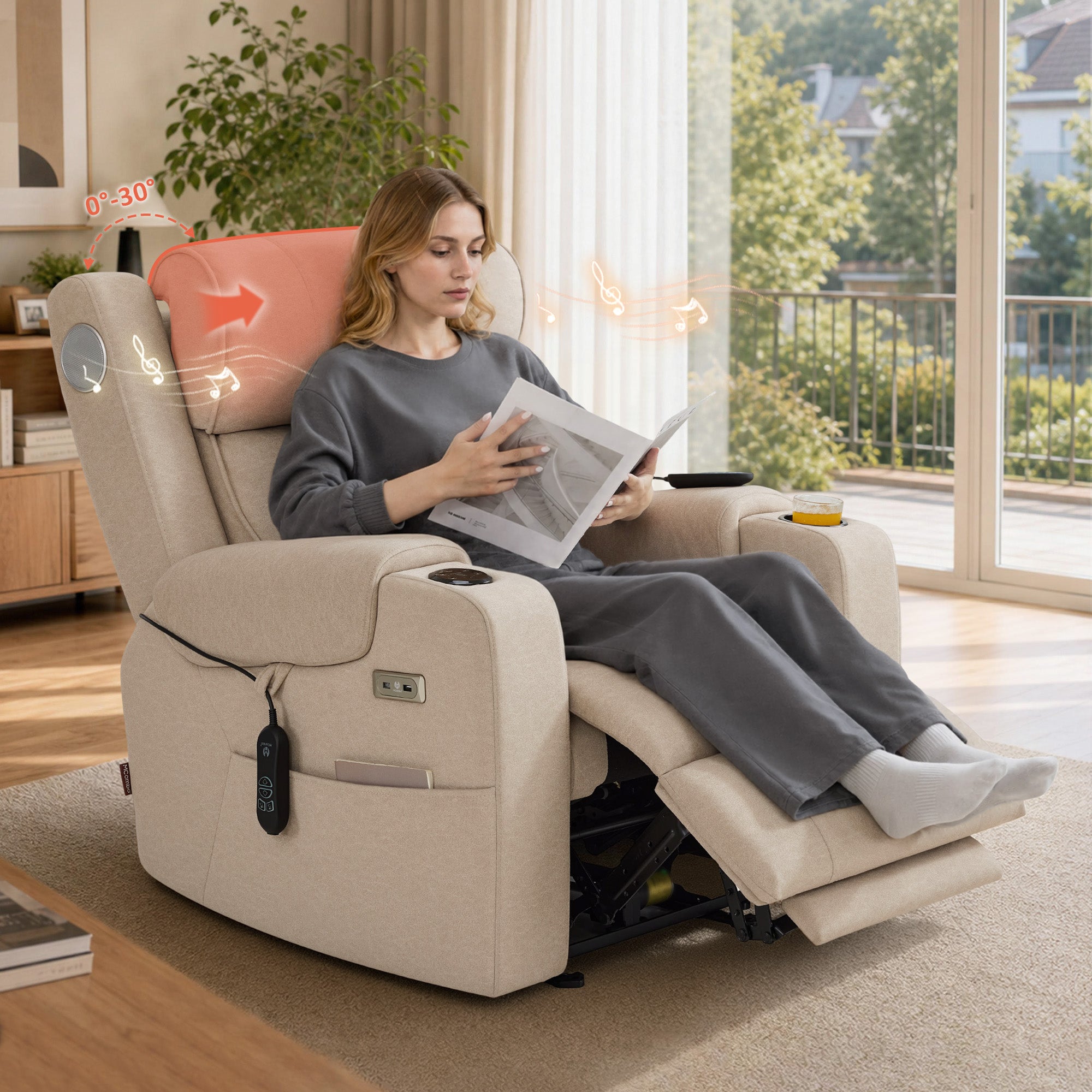 M MCombo Fernsehsessel Elektrisch Verstellbar, Relaxsessel mit Liegefunktion, Bluetooth-Lautsprechern, Verstellbare Kopfstütze, Massage & Wärmefunktion, 35D Vollschaum-Sitzkissen 7053