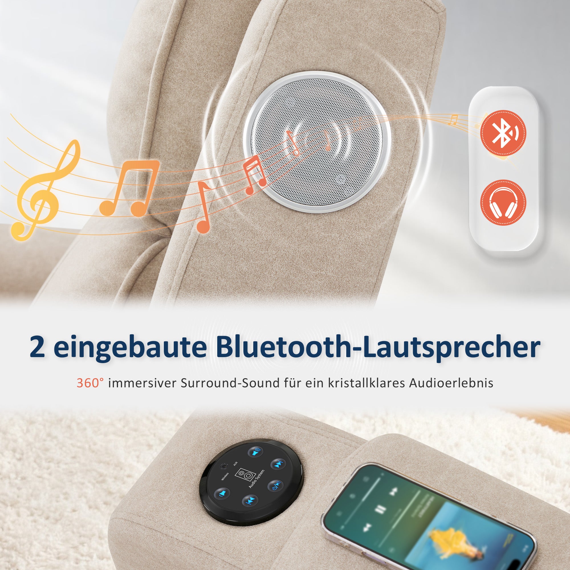 M MCombo Fernsehsessel Elektrisch Verstellbar, Relaxsessel mit Liegefunktion, Bluetooth-Lautsprechern, Verstellbare Kopfstütze, Massage & Wärmefunktion, 35D Vollschaum-Sitzkissen 7053