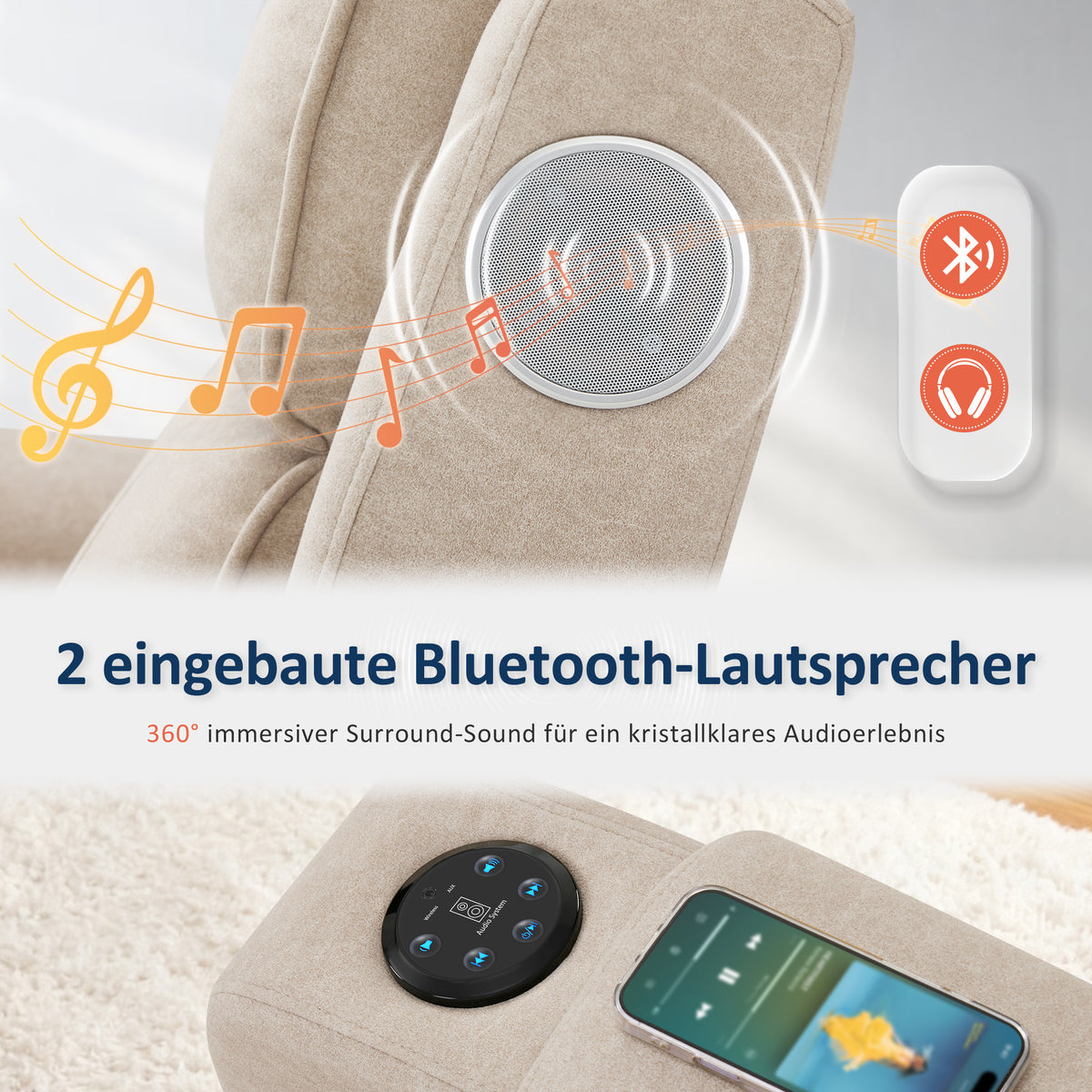 M MCombo Fernsehsessel Elektrisch Verstellbar, Relaxsessel mit Liegefunktion, Bluetooth-Lautsprechern, Verstellbare Kopfstütze, Massage & Wärmefunktion, 35D Vollschaum-Sitzkissen 7053