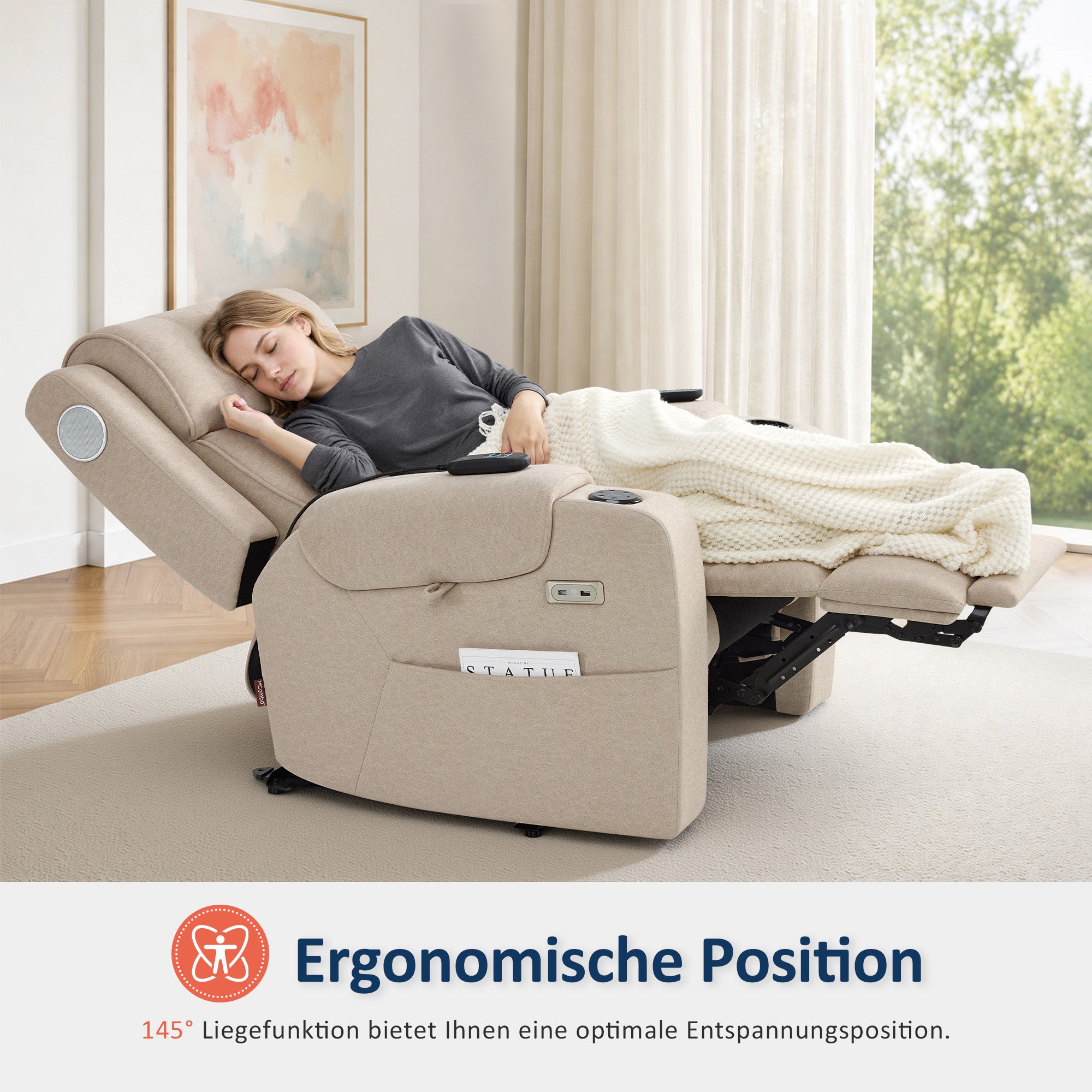 M MCombo Fernsehsessel Elektrisch Verstellbar, Relaxsessel mit Liegefunktion, Bluetooth-Lautsprechern, Verstellbare Kopfstütze, Massage & Wärmefunktion, 35D Vollschaum-Sitzkissen 7053