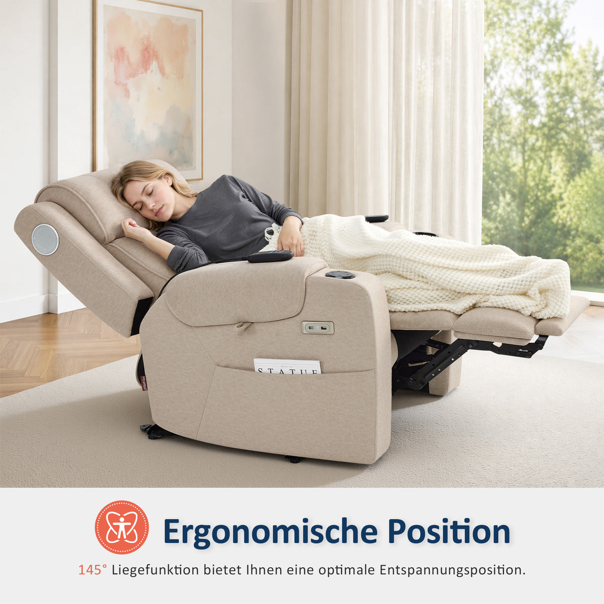 M MCombo Fernsehsessel Elektrisch Verstellbar, Relaxsessel mit Liegefunktion, Bluetooth-Lautsprechern, Verstellbare Kopfstütze, Massage & Wärmefunktion, 35D Vollschaum-Sitzkissen 7053