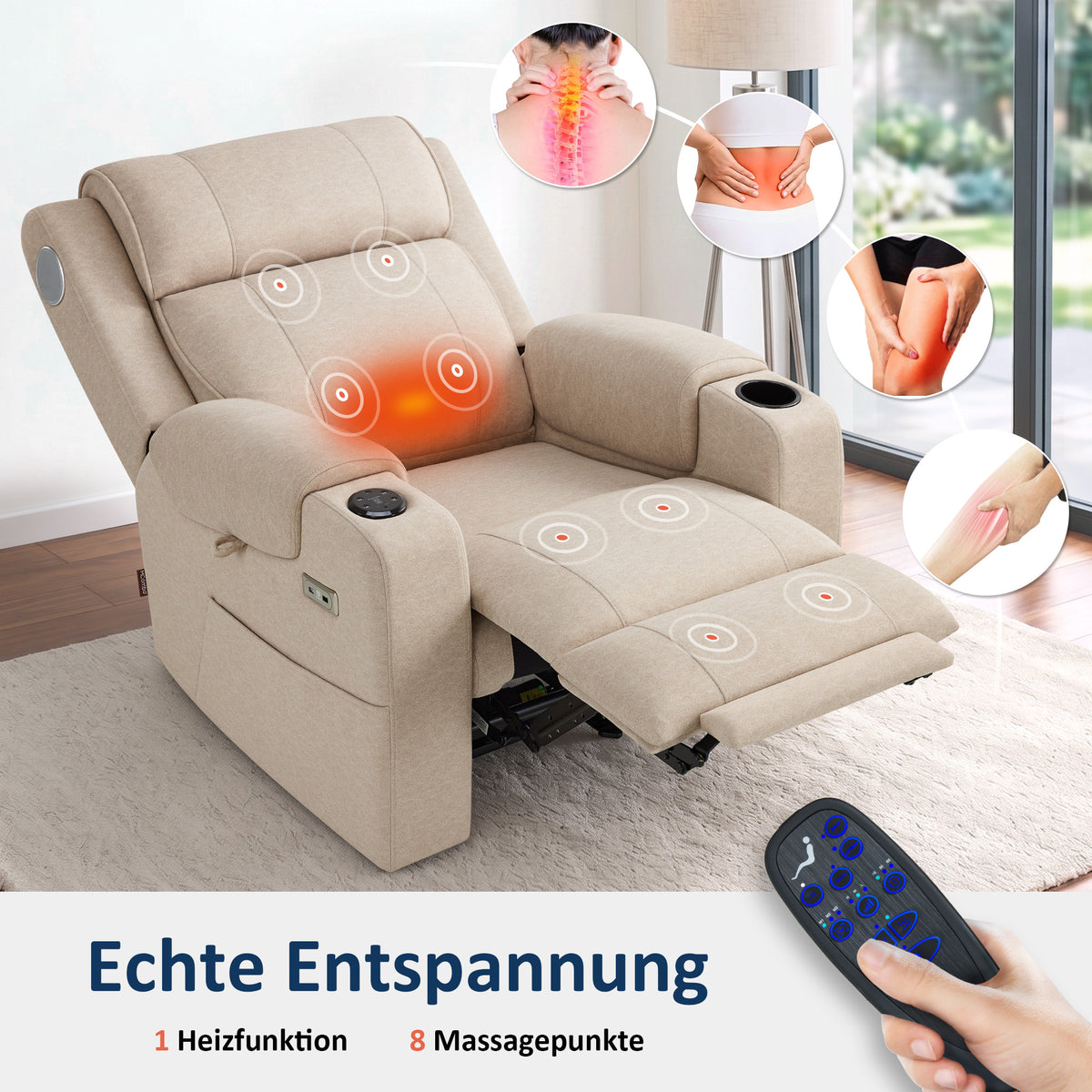 M MCombo Fernsehsessel Elektrisch Verstellbar, Relaxsessel mit Liegefunktion, Bluetooth-Lautsprechern, Verstellbare Kopfstütze, Massage & Wärmefunktion, 35D Vollschaum-Sitzkissen 7053