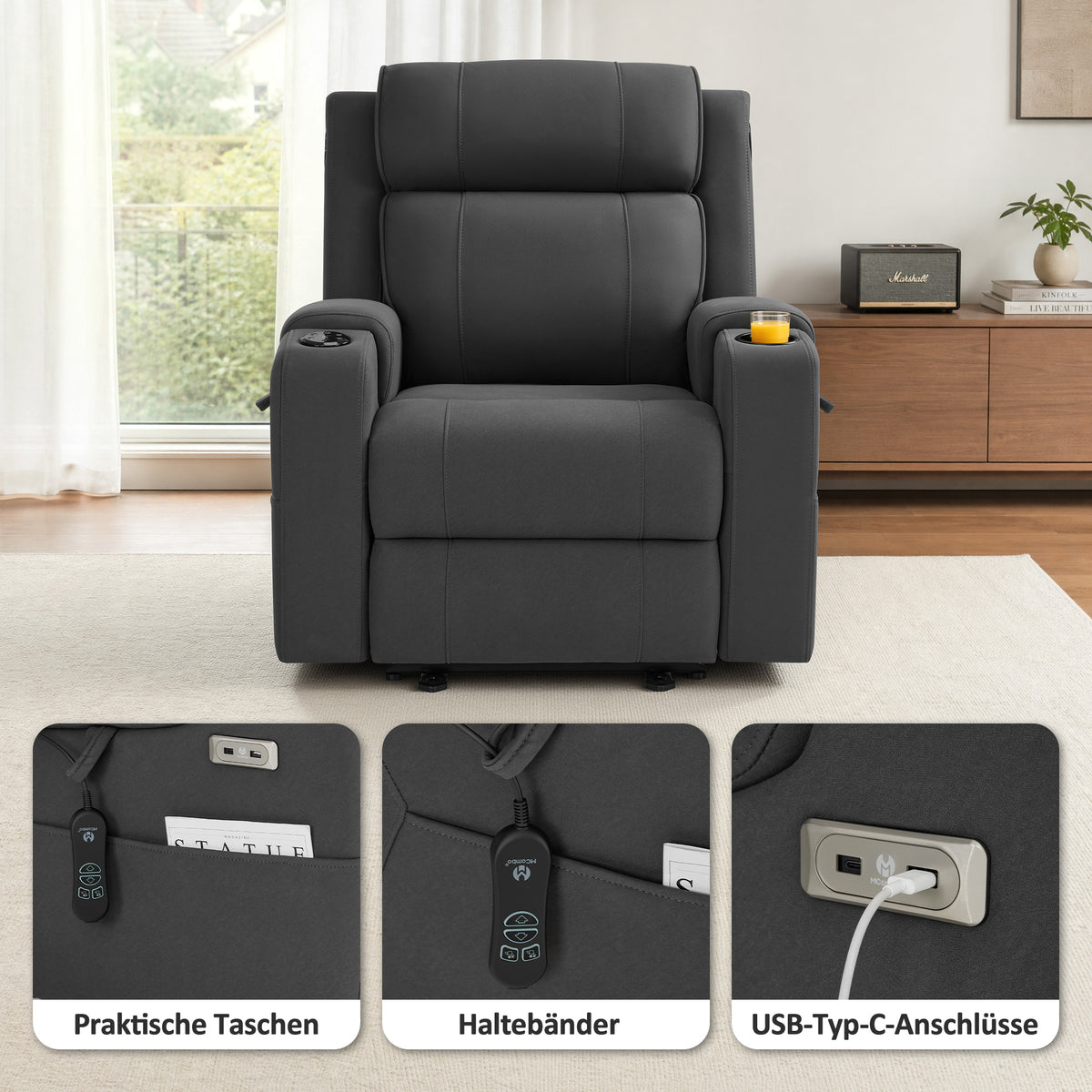 M MCombo Fernsehsessel Elektrisch Verstellbar, Relaxsessel mit Liegefunktion, Bluetooth-Lautsprechern, Verstellbare Kopfstütze, Massage & Wärmefunktion, 35D Vollschaum-Sitzkissen 7053