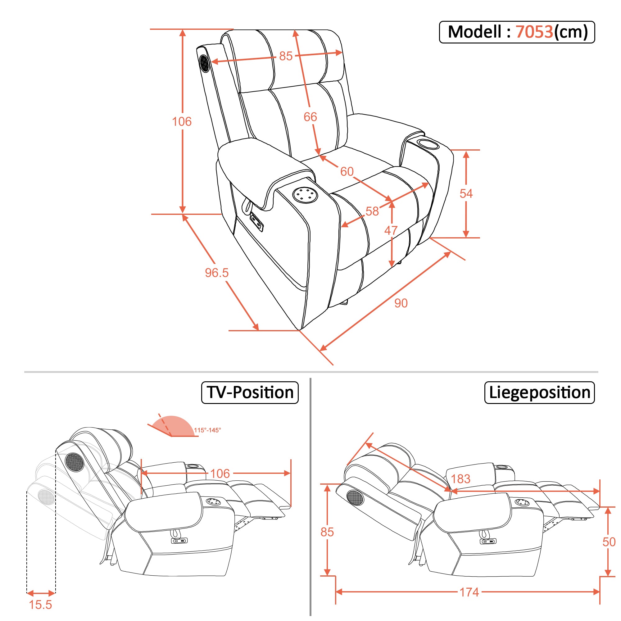 M MCombo Fernsehsessel Elektrisch Verstellbar, Relaxsessel mit Liegefunktion, Bluetooth-Lautsprechern, Verstellbare Kopfstütze, Massage & Wärmefunktion, 35D Vollschaum-Sitzkissen 7053