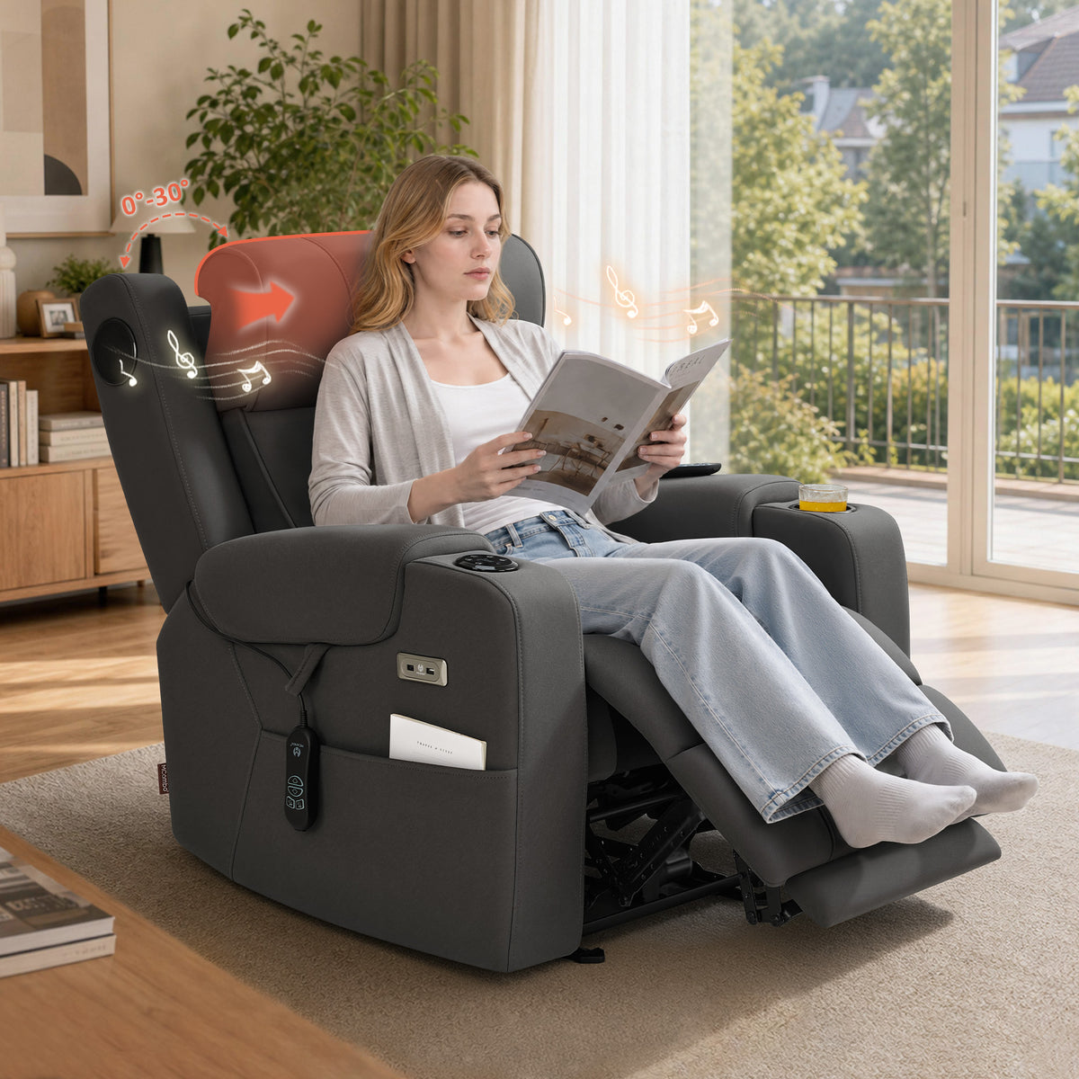 M MCombo Fernsehsessel Elektrisch Verstellbar, Relaxsessel mit Liegefunktion, Bluetooth-Lautsprechern, Verstellbare Kopfstütze, Massage & Wärmefunktion, 35D Vollschaum-Sitzkissen 7053