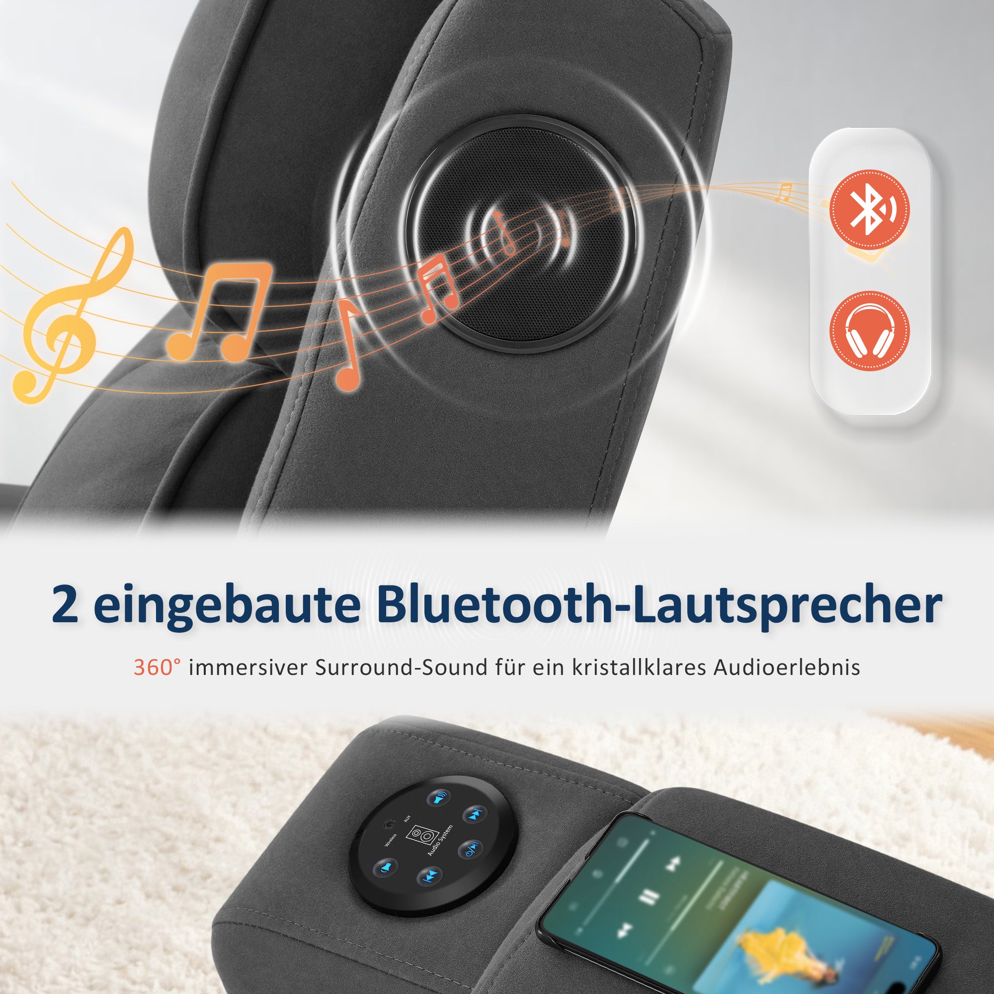 M MCombo Fernsehsessel Elektrisch Verstellbar, Relaxsessel mit Liegefunktion, Bluetooth-Lautsprechern, Verstellbare Kopfstütze, Massage & Wärmefunktion, 35D Vollschaum-Sitzkissen 7053