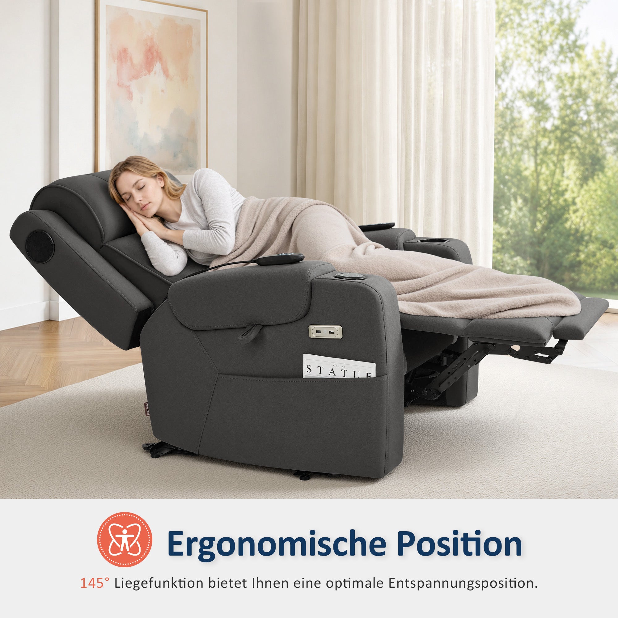 M MCombo Fernsehsessel Elektrisch Verstellbar, Relaxsessel mit Liegefunktion, Bluetooth-Lautsprechern, Verstellbare Kopfstütze, Massage & Wärmefunktion, 35D Vollschaum-Sitzkissen 7053