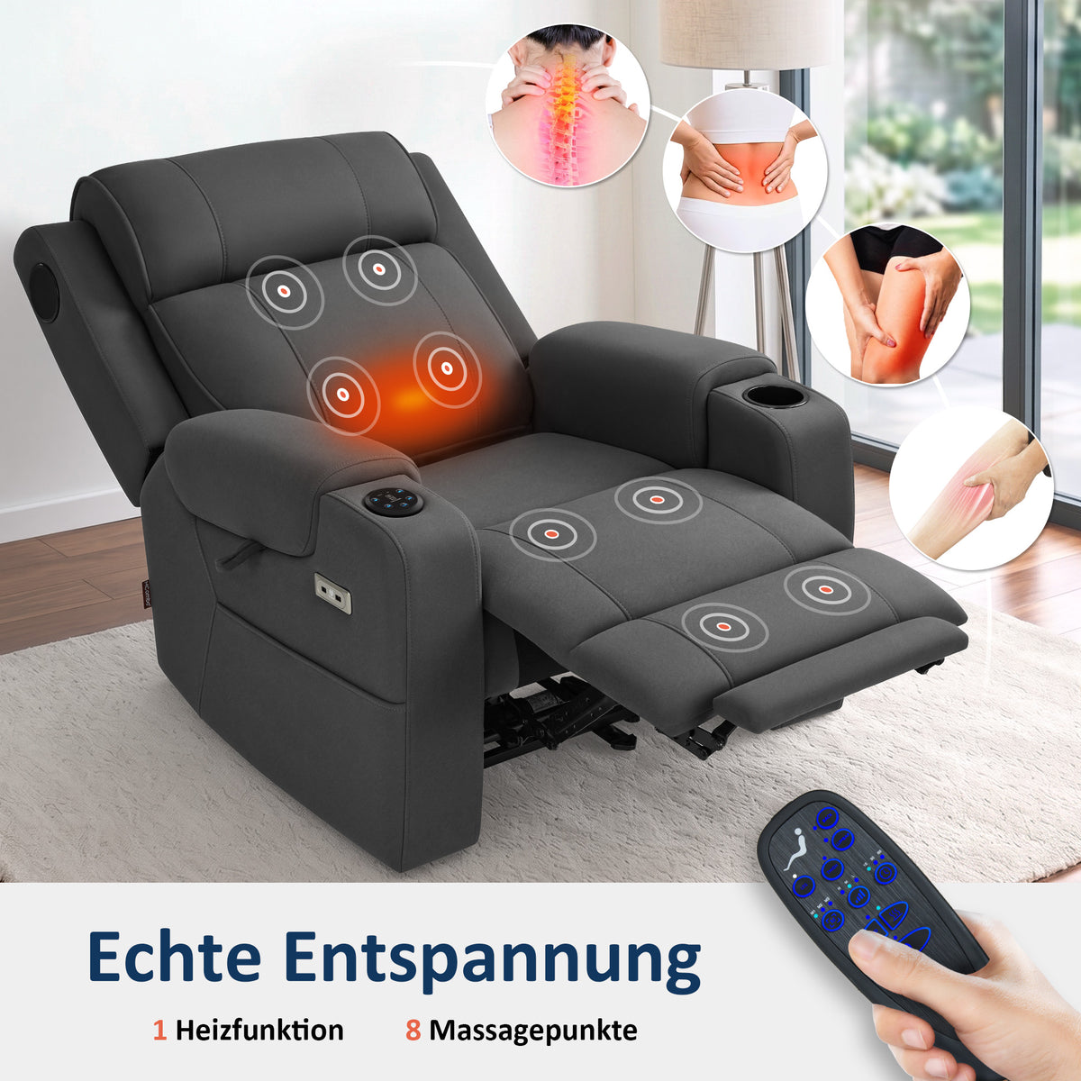 M MCombo Fernsehsessel Elektrisch Verstellbar, Relaxsessel mit Liegefunktion, Bluetooth-Lautsprechern, Verstellbare Kopfstütze, Massage & Wärmefunktion, 35D Vollschaum-Sitzkissen 7053