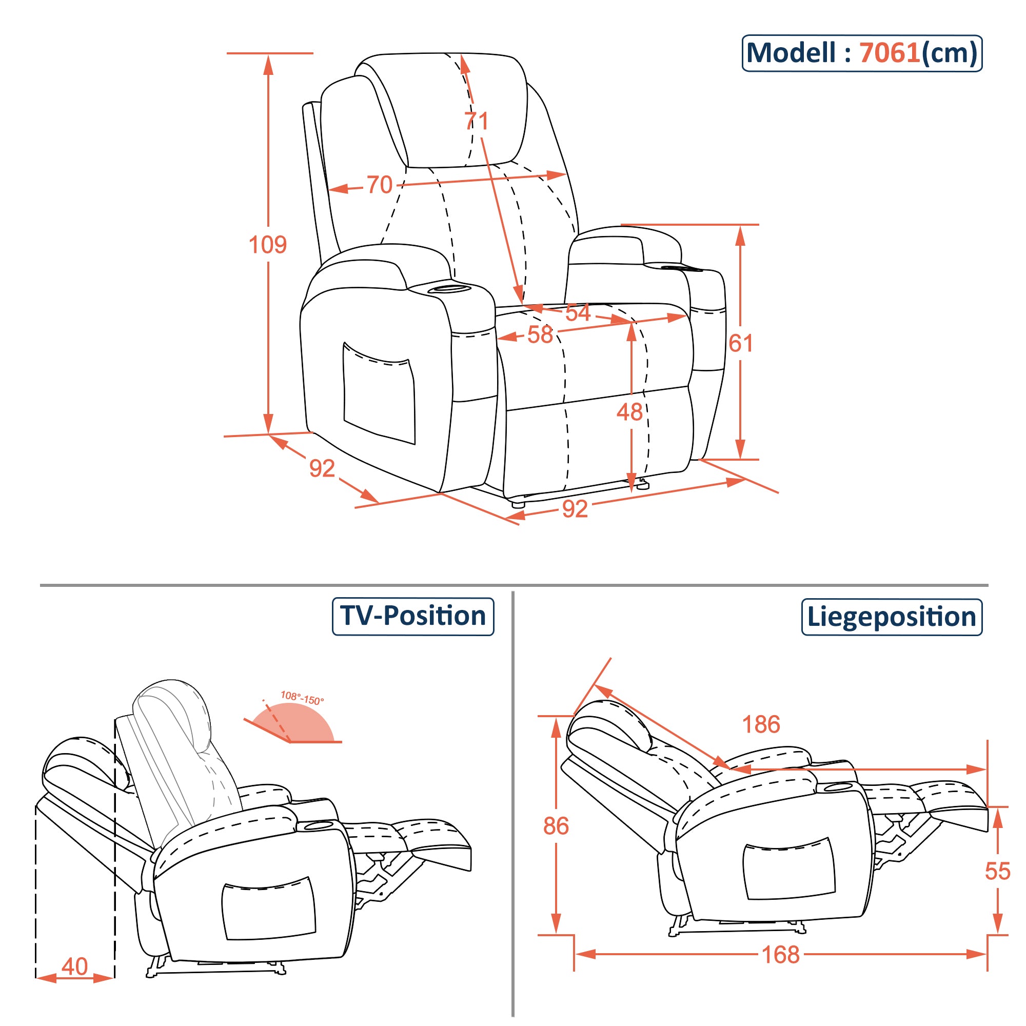 MCombo Poltrona relax elettrica, poltrona massaggiante, poltrona TV, funzione reclinabile, vibrazione, riscaldamento 7061