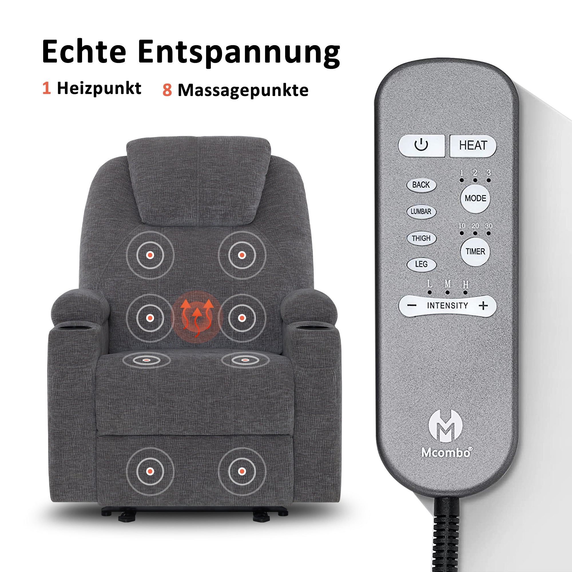 MCombo Poltrona relax elettrica, poltrona massaggiante, poltrona TV, funzione reclinabile, vibrazione, riscaldamento 7061