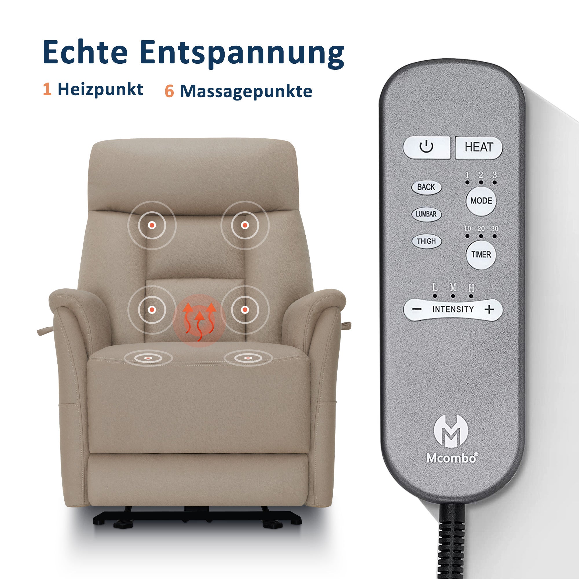 MCombo Poltrona reclinabile elettricamente regolabile, poltrona TV a 3 cm dalla parete, poltrona massaggiante reclinabile con funzione reclinabile, poltrona TV per piccoli spazi, porte USB e Type-C e cuscino lombare, 7063