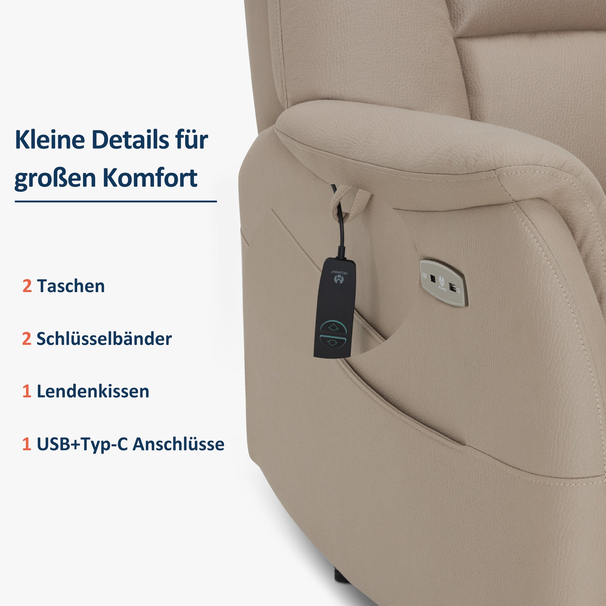 MCombo Poltrona reclinabile elettricamente regolabile, poltrona TV a 3 cm dalla parete, poltrona massaggiante reclinabile con funzione reclinabile, poltrona TV per piccoli spazi, porte USB e Type-C e cuscino lombare, 7063