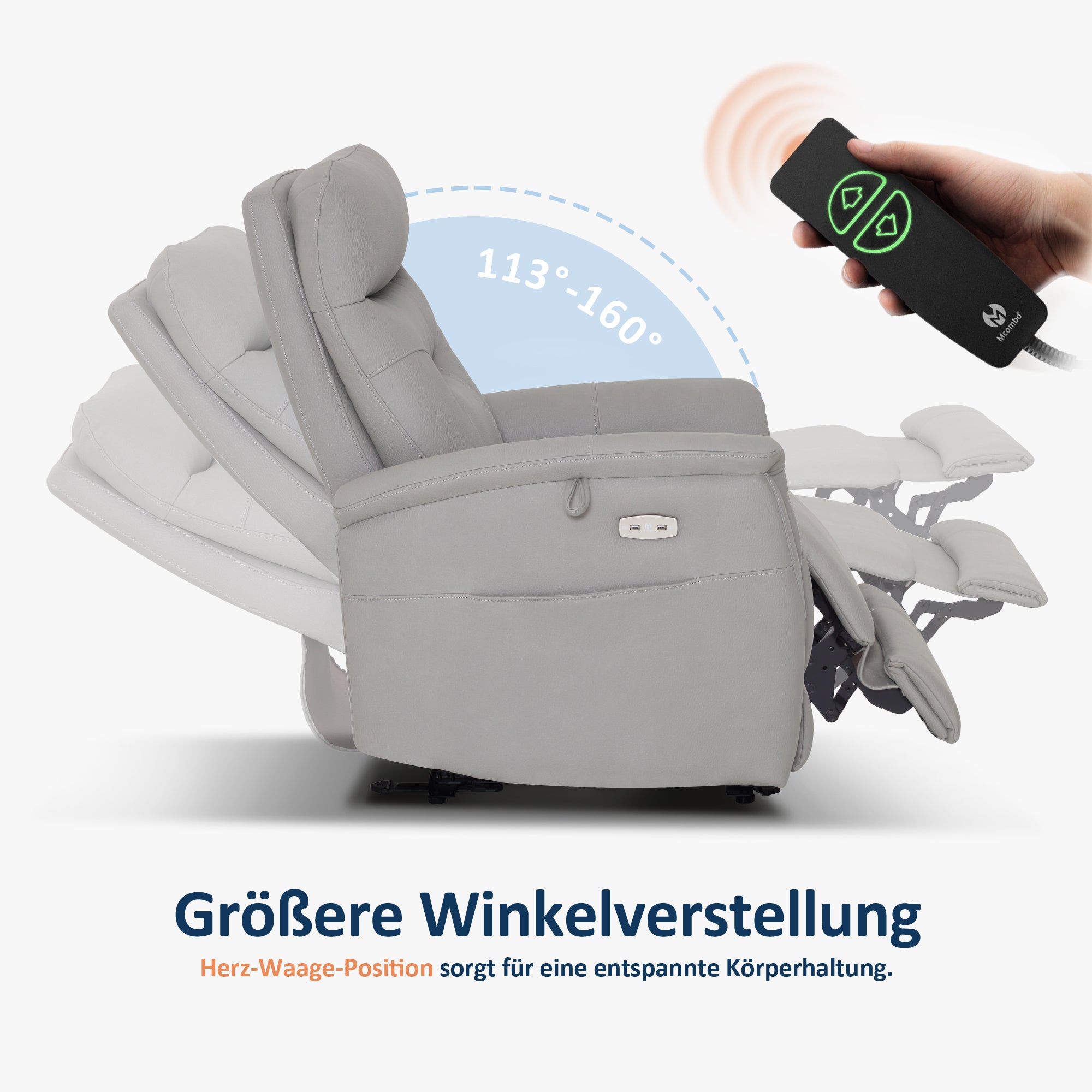 MCombo Poltrona relax con funzione reclinabile, poltrona TV regolabile elettricamente, poltrona reclinabile, USB e tasca laterale, poltrona reclinabile per soggiorno, 7077