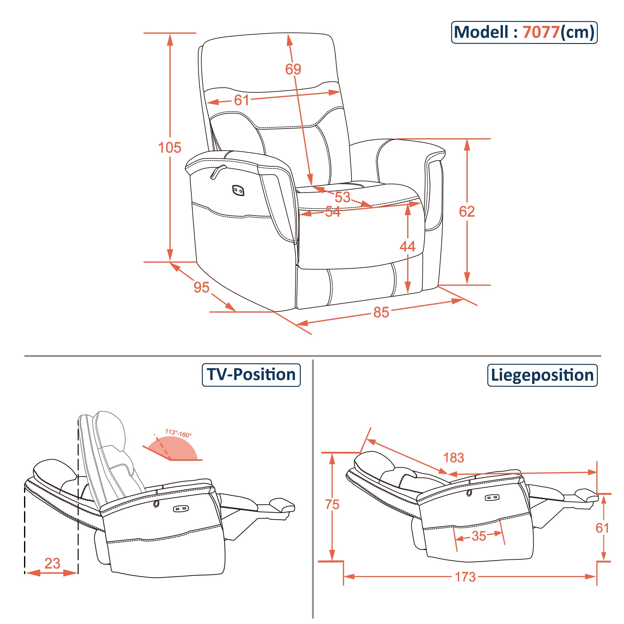 MCombo Poltrona relax con funzione reclinabile, poltrona TV regolabile elettricamente, poltrona reclinabile, USB e tasca laterale, poltrona reclinabile per soggiorno, 7077