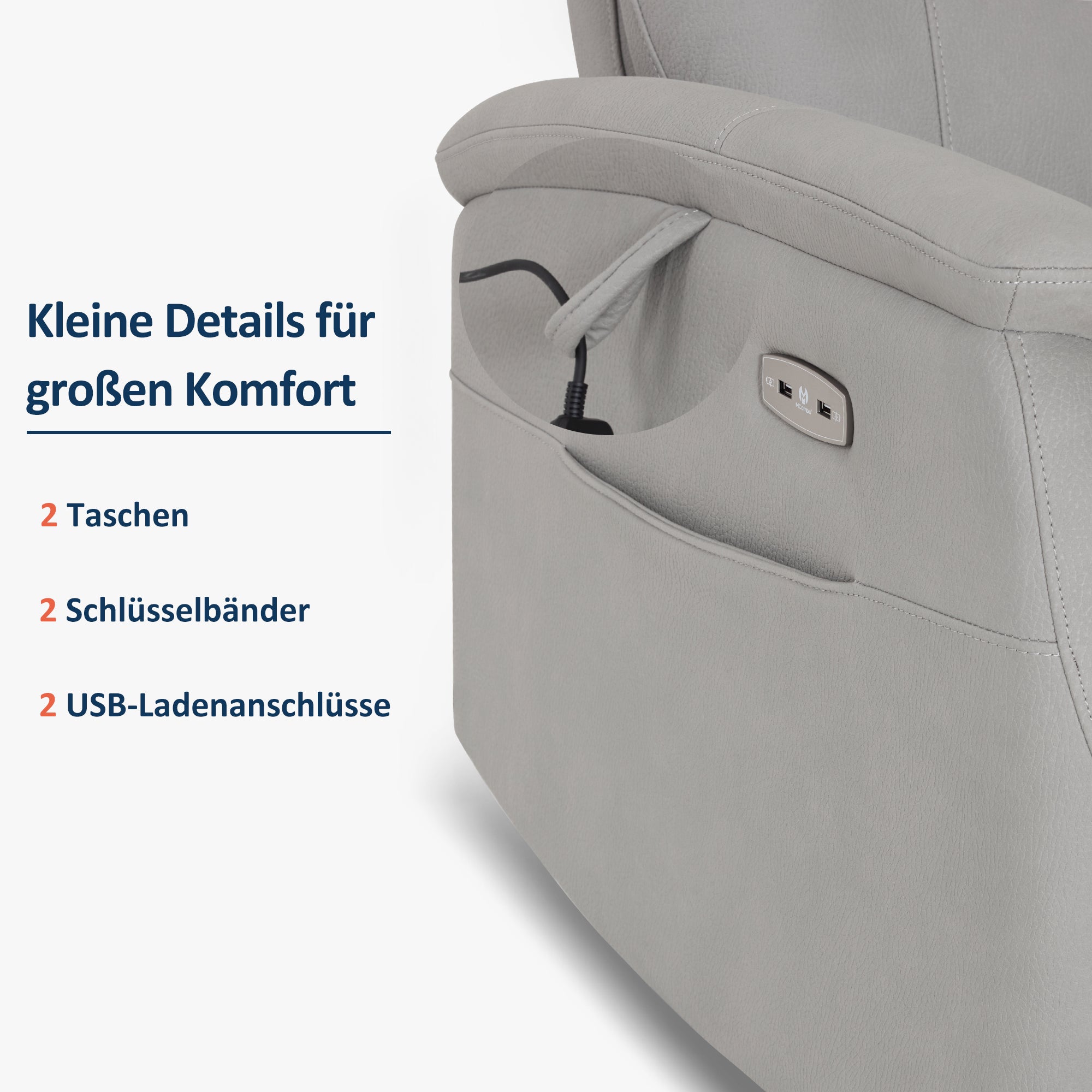 MCombo Poltrona relax con funzione reclinabile, poltrona TV regolabile elettricamente, poltrona reclinabile, USB e tasca laterale, poltrona reclinabile per soggiorno, 7077