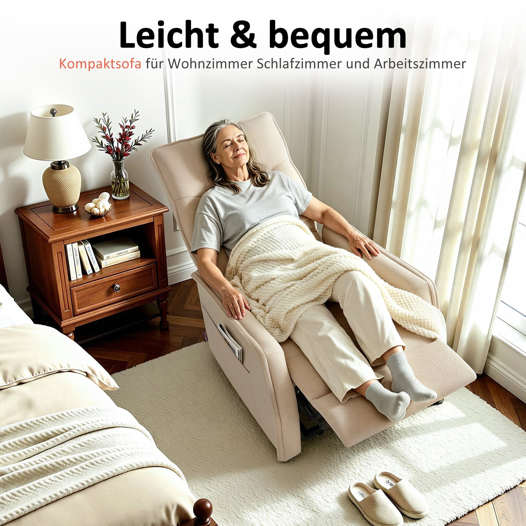 M MCombo elektrische fauteuil met opsta-hulp, fauteuil met ligfunctie tot 140°, massage en verwarming, kleine opsta-fauteuil, seniorenfauteuil voor woonkamer 7089