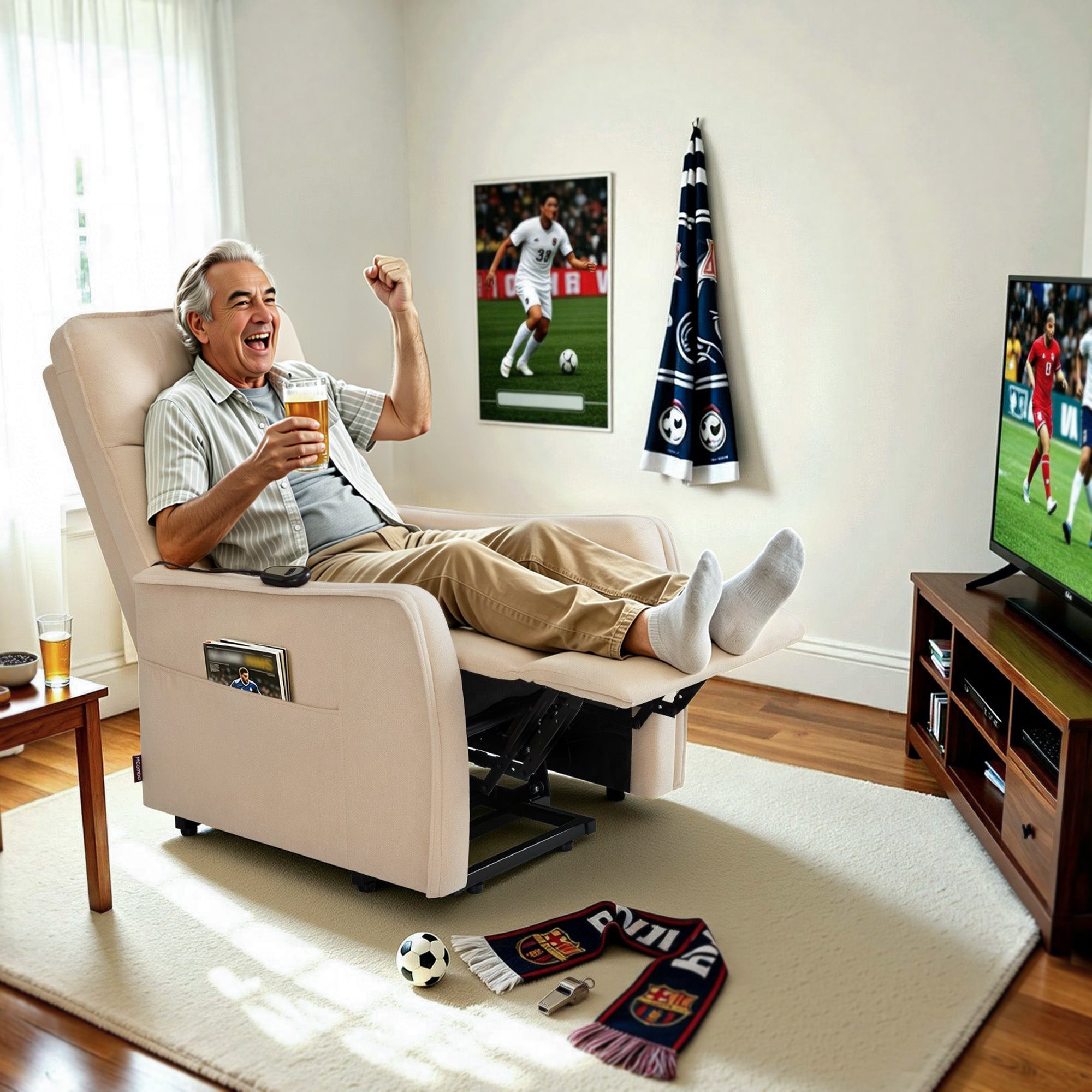 M MCombo elektrische fauteuil met opsta-hulp, fauteuil met ligfunctie tot 140°, massage en verwarming, kleine opsta-fauteuil, seniorenfauteuil voor woonkamer 7089