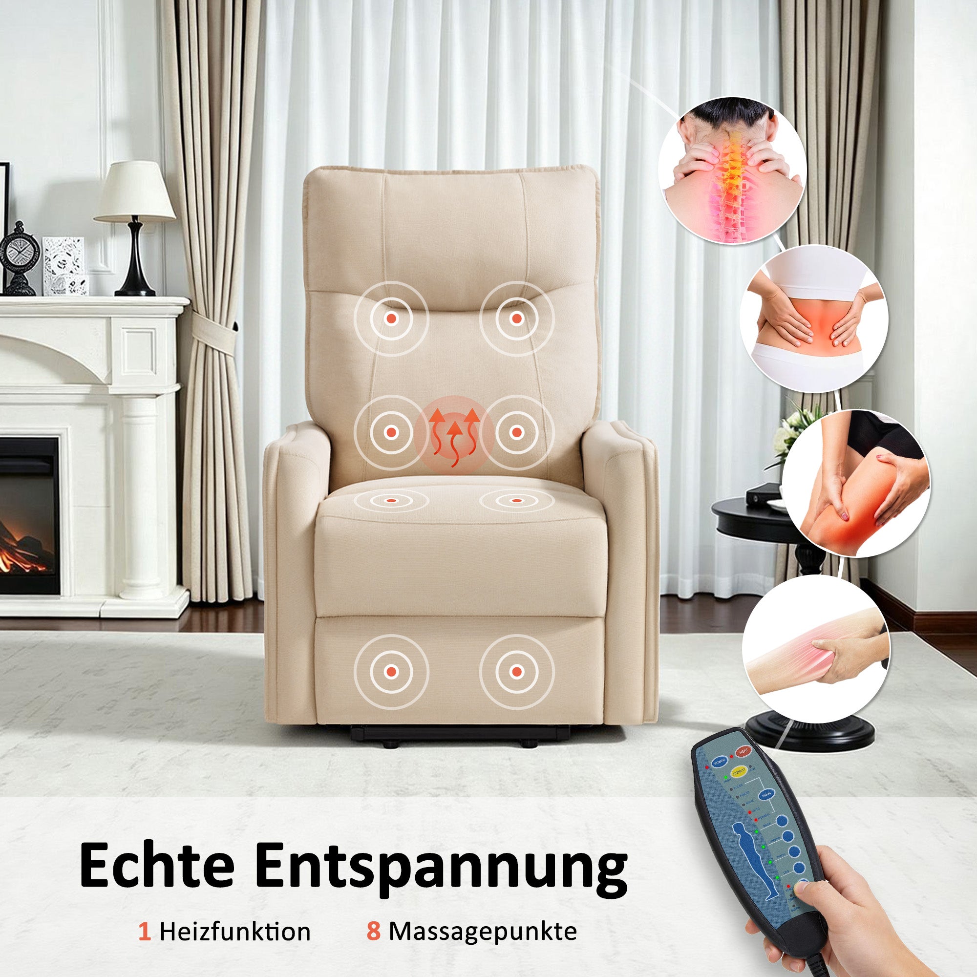 M MCombo elektrische fauteuil met opsta-hulp, fauteuil met ligfunctie tot 140°, massage en verwarming, kleine opsta-fauteuil, seniorenfauteuil voor woonkamer 7089