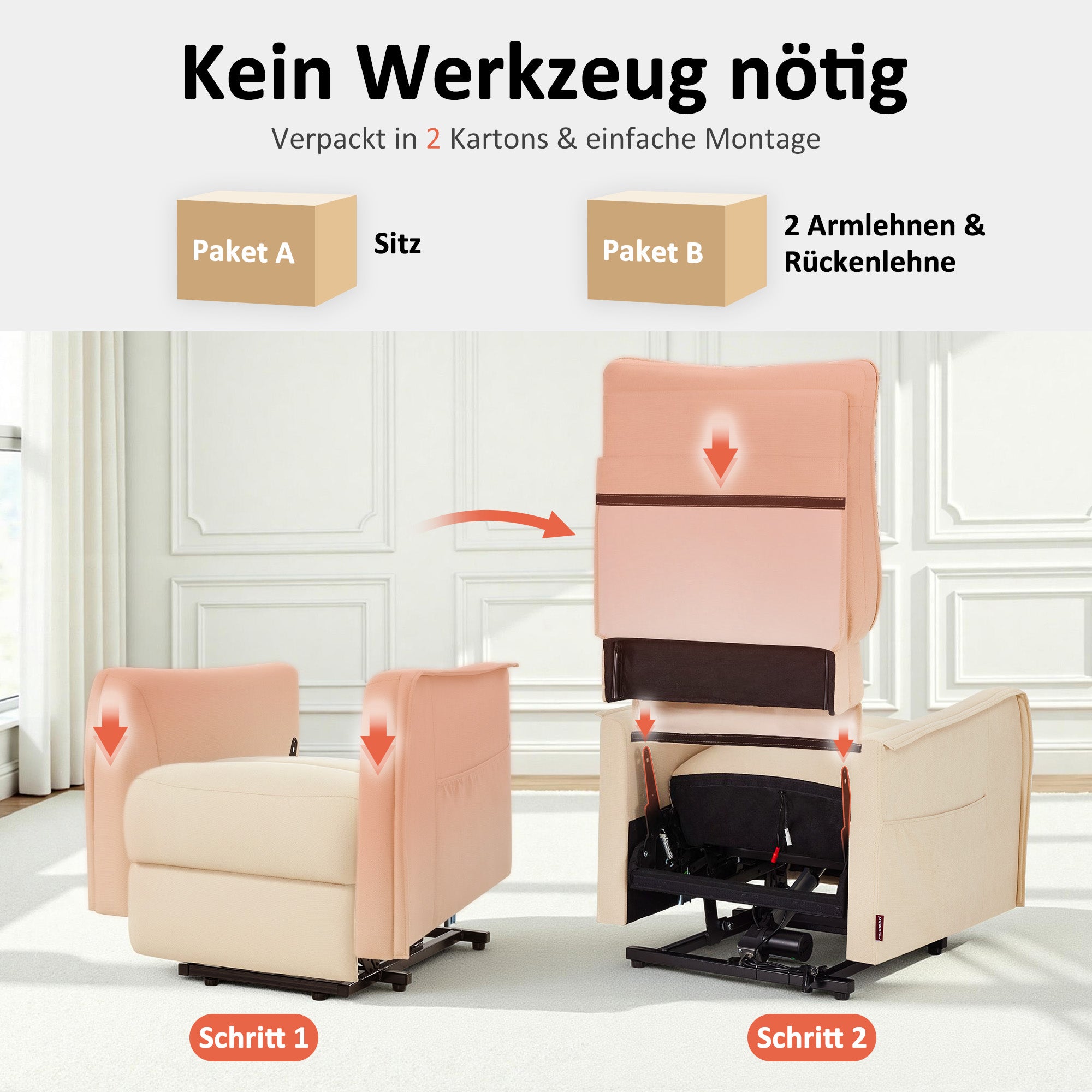 M MCombo elektrische fauteuil met opsta-hulp, fauteuil met ligfunctie tot 140°, massage en verwarming, kleine opsta-fauteuil, seniorenfauteuil voor woonkamer 7089