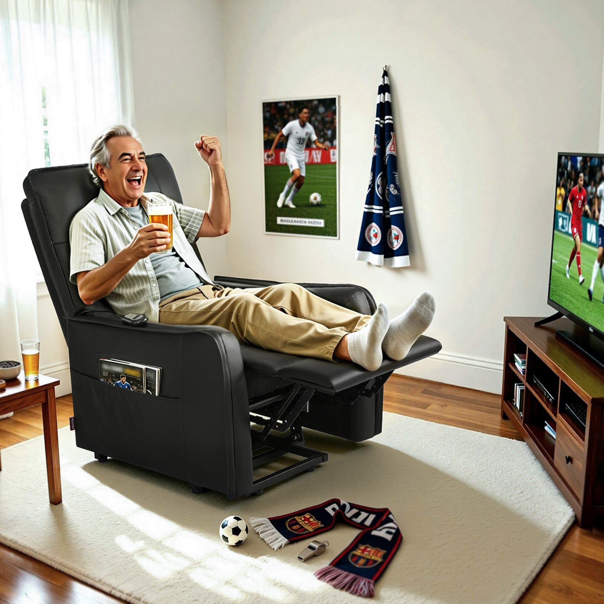 M MCombo elektrische fauteuil met opsta-hulp, fauteuil met ligfunctie tot 140°, massage en verwarming, kleine opsta-fauteuil, seniorenfauteuil voor woonkamer 7089
