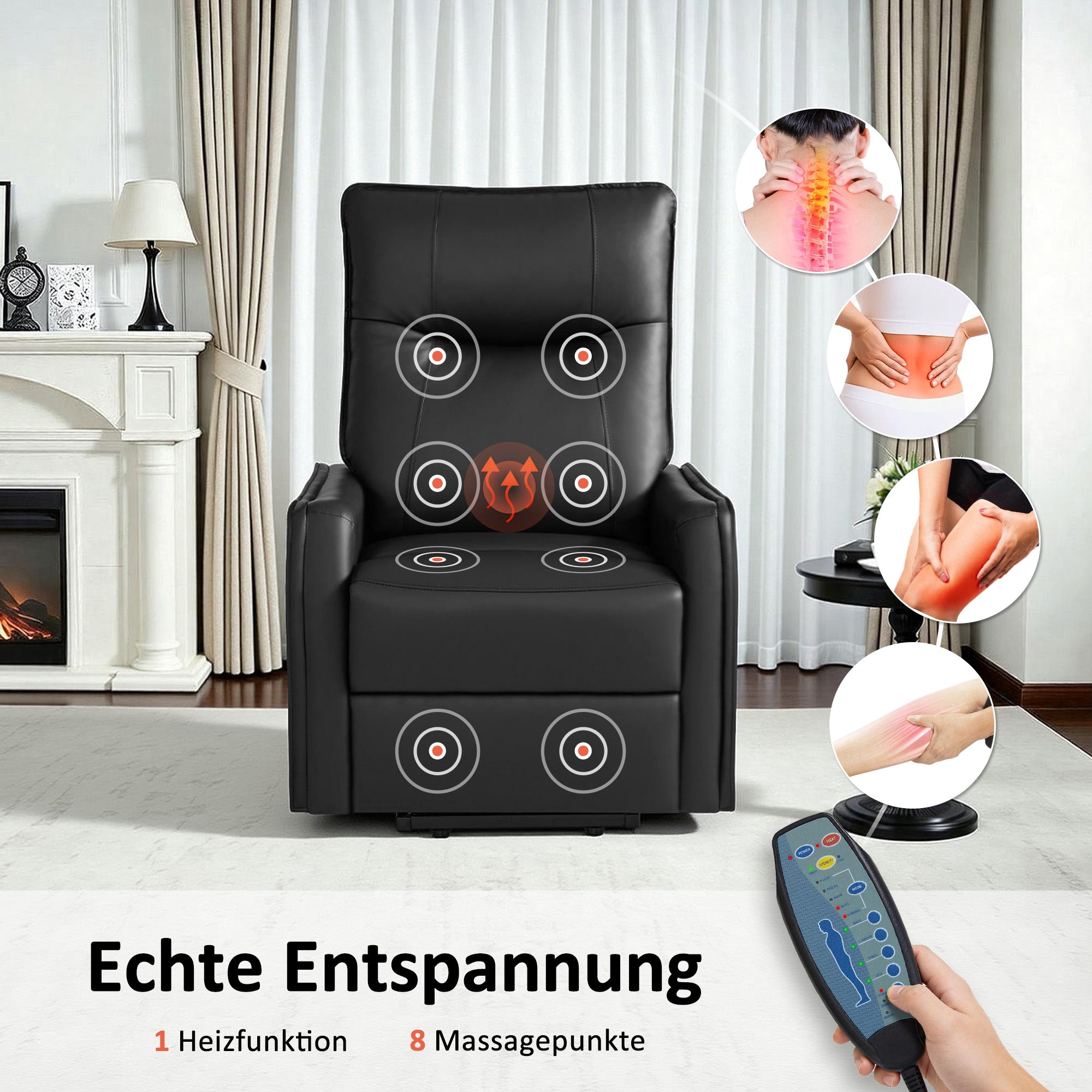 M MCombo elektrische fauteuil met opsta-hulp, fauteuil met ligfunctie tot 140°, massage en verwarming, kleine opsta-fauteuil, seniorenfauteuil voor woonkamer 7089