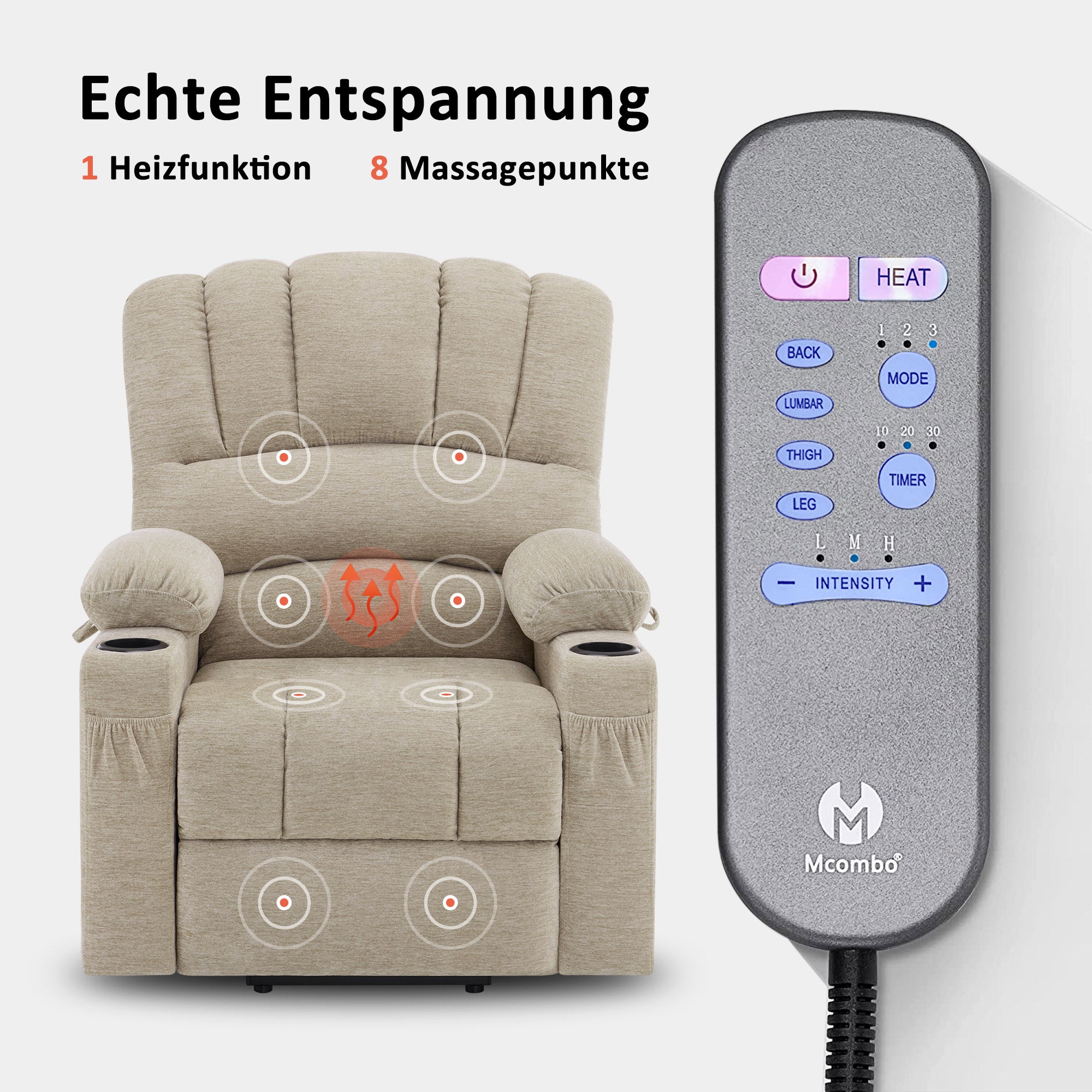 MCombo Poltrona relax con sollevamento assistito e funzione reclinabile 7102, poltrona TV regolabile elettricamente, poltrona TV con funzione massaggio e riscaldamento, per soggiorni per anziani, USB