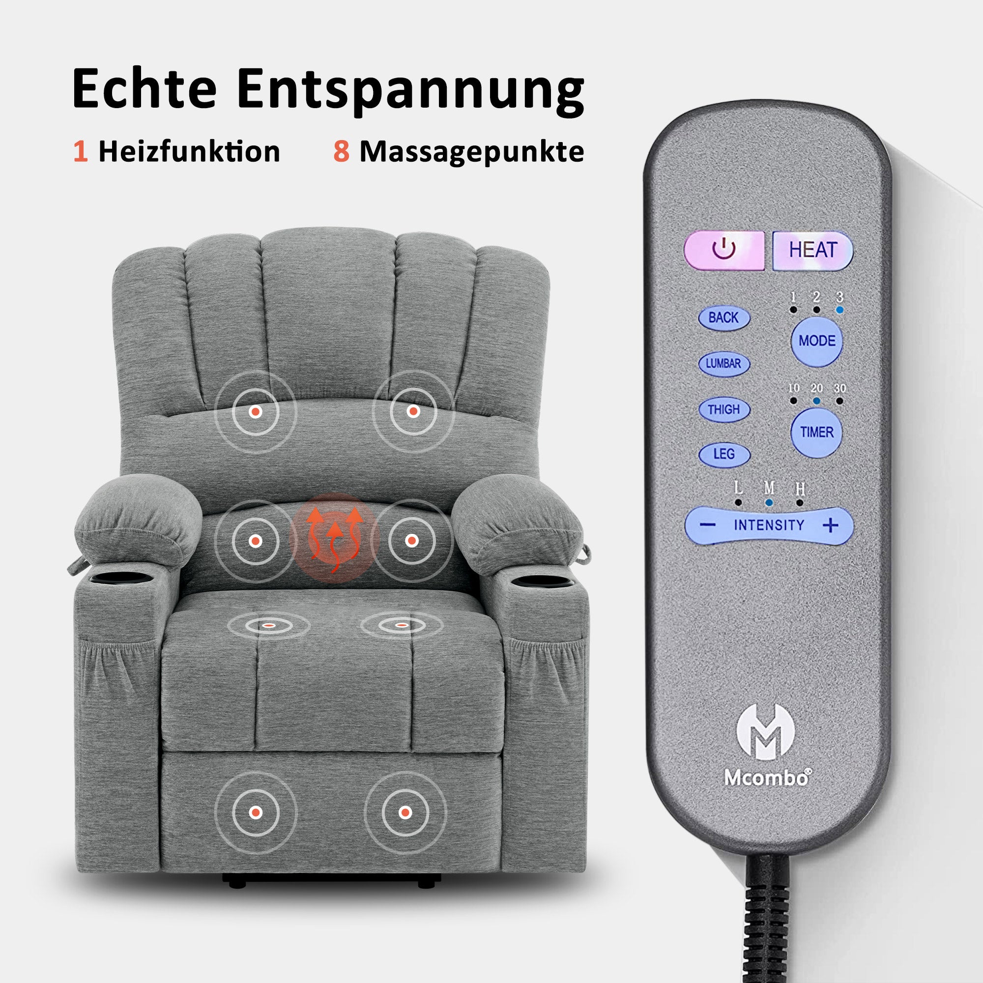 MCombo Poltrona relax con sollevamento assistito e funzione reclinabile 7102, poltrona TV regolabile elettricamente, poltrona TV con funzione massaggio e riscaldamento, per soggiorni per anziani, USB