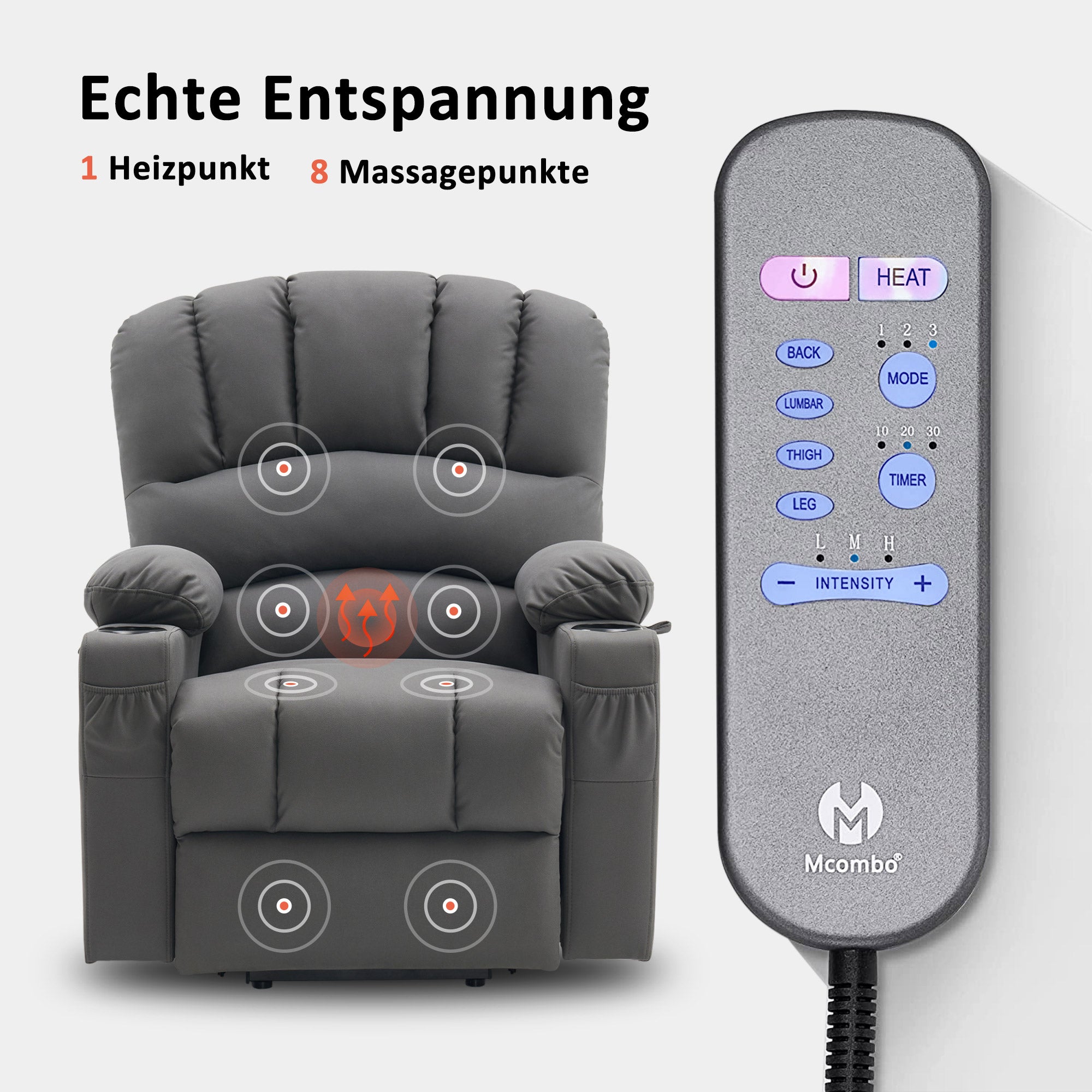 MCombo Poltrona relax con sollevamento assistito e funzione reclinabile 7102, poltrona TV regolabile elettricamente, poltrona TV con funzione massaggio e riscaldamento, per soggiorni per anziani, USB