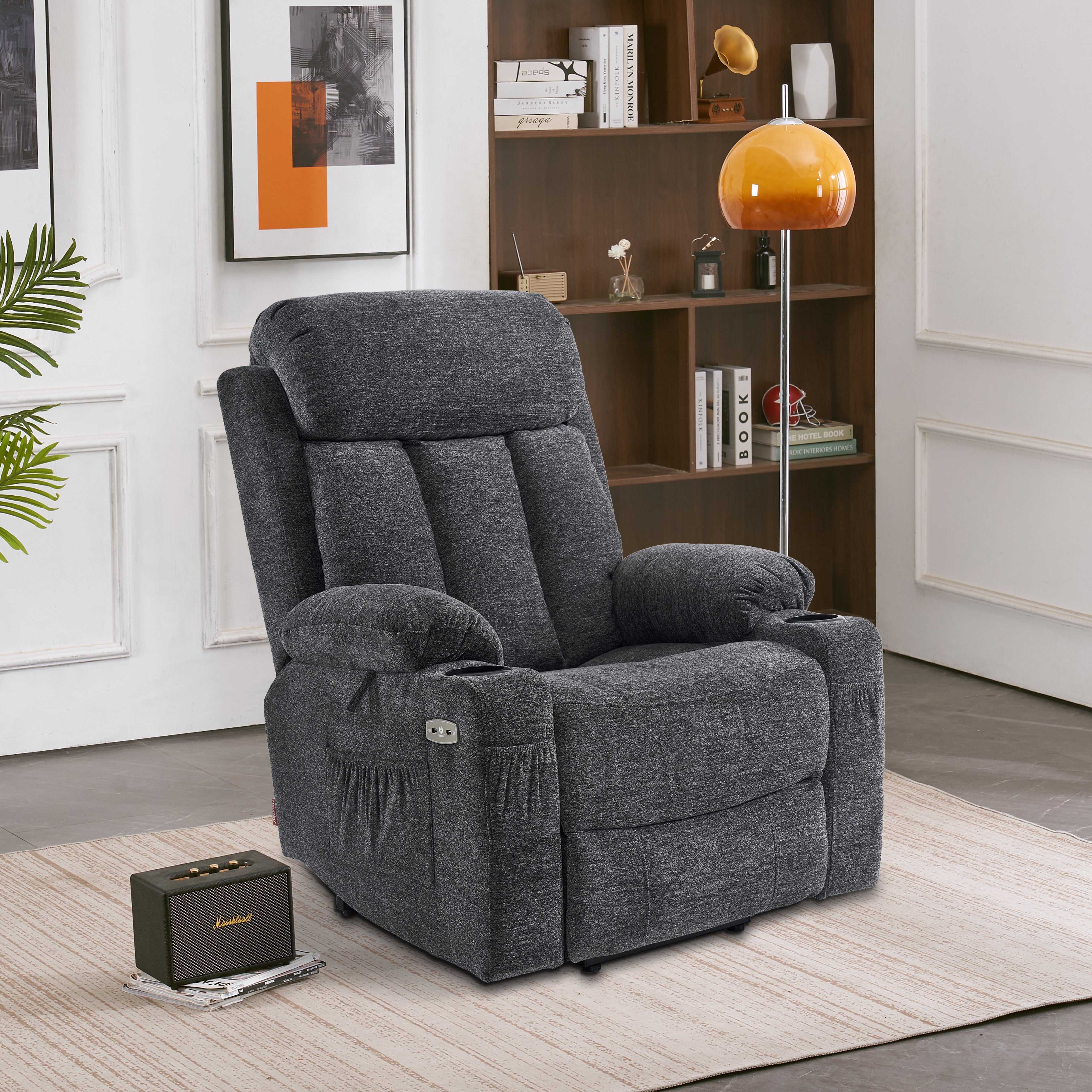 M MCombo Relaxsessel met opstaahulp & ligfunctie 7190, elektrisch verstelbare fauteuil, voor senioren woonkamer, USB, (Zwart-kunstleer / Donkergrijs-stof)