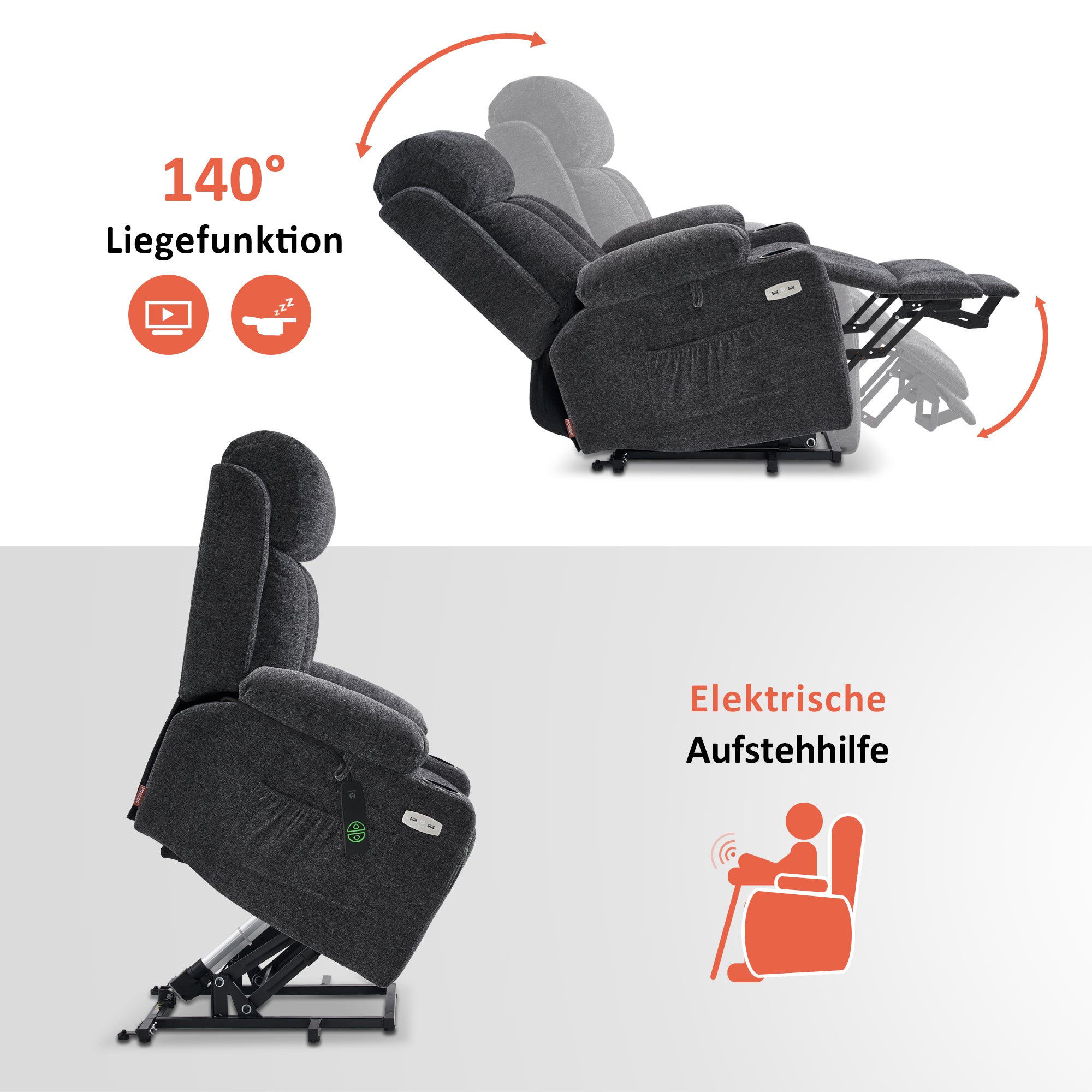 M MCombo Relaxsessel met opstaahulp & ligfunctie 7190, elektrisch verstelbare fauteuil, voor senioren woonkamer, USB, (Zwart-kunstleer / Donkergrijs-stof)