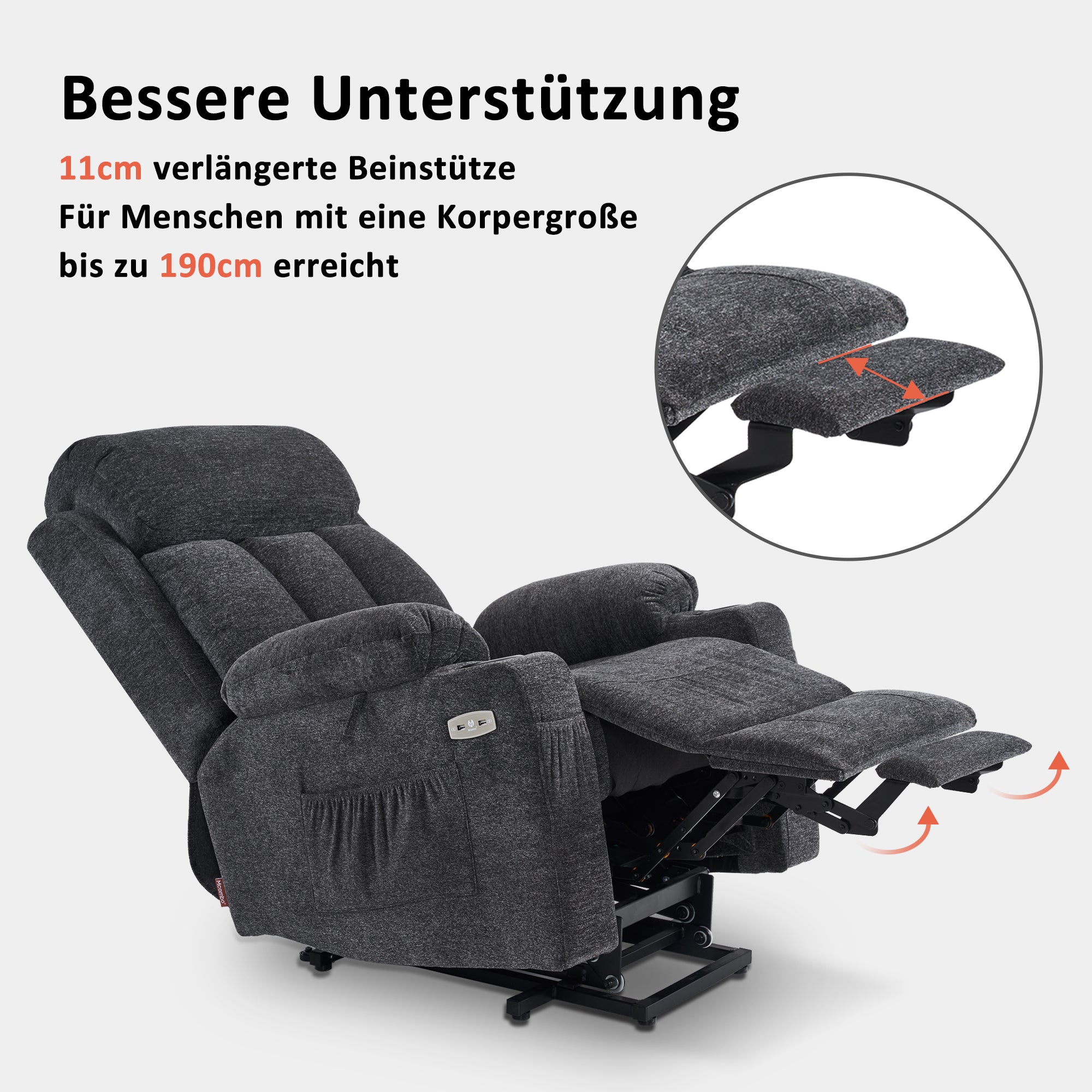 M MCombo Relaxsessel met opstaahulp & ligfunctie 7190, elektrisch verstelbare fauteuil, voor senioren woonkamer, USB, (Zwart-kunstleer / Donkergrijs-stof)