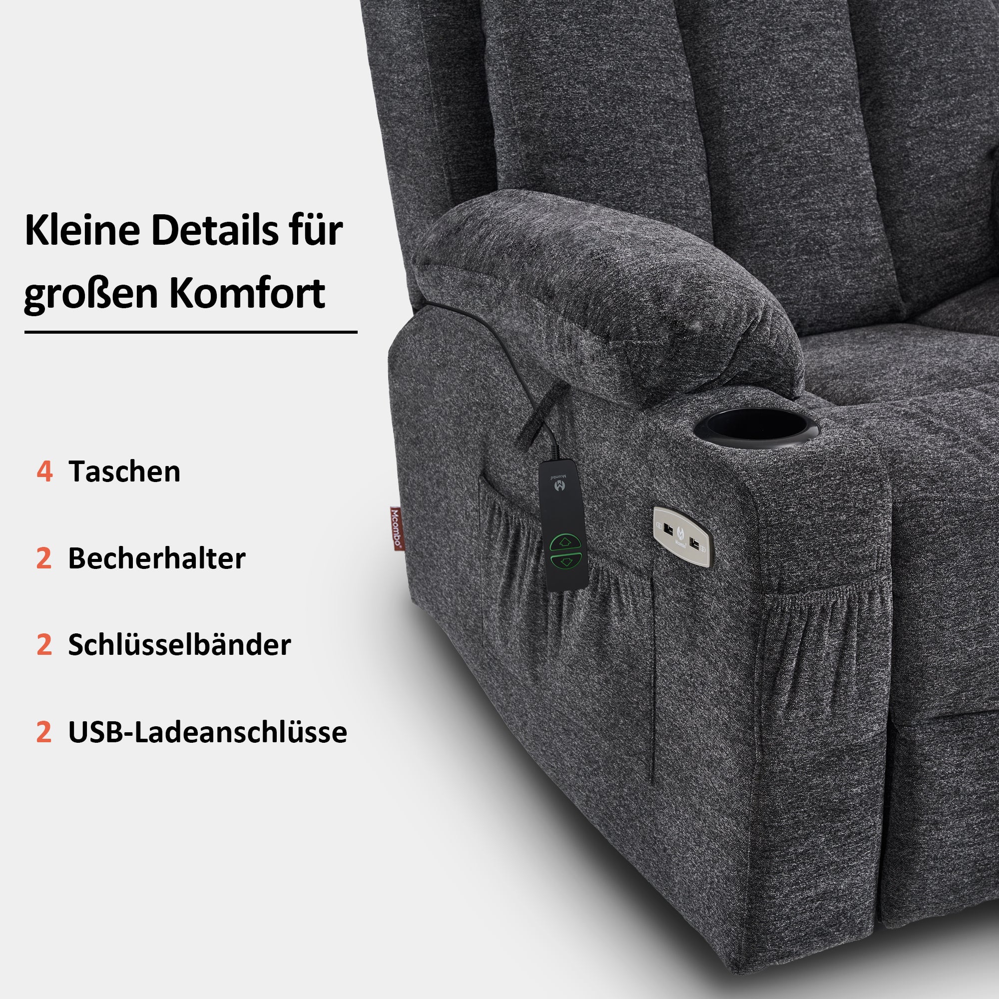M MCombo Relaxsessel met opstaahulp & ligfunctie 7190, elektrisch verstelbare fauteuil, voor senioren woonkamer, USB, (Zwart-kunstleer / Donkergrijs-stof)