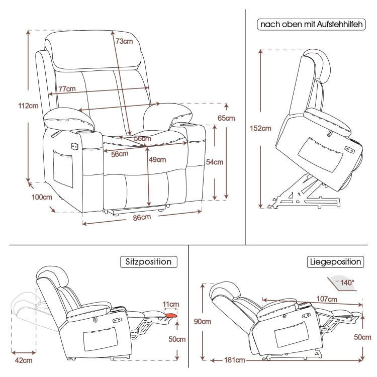 M MCombo Relaxsessel met opstaahulp & ligfunctie 7190, elektrisch verstelbare fauteuil, voor senioren woonkamer, USB, (Zwart-kunstleer / Donkergrijs-stof)