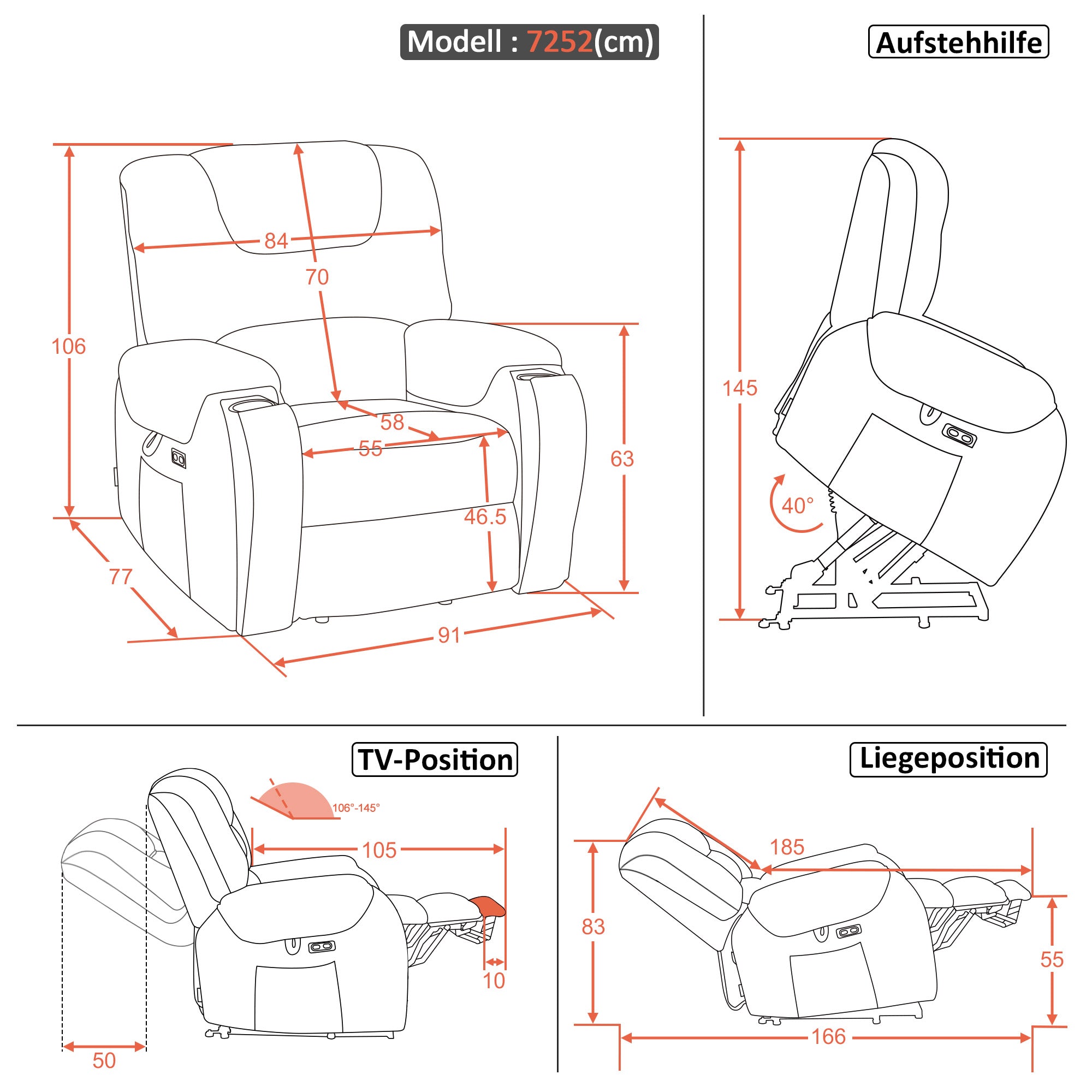 MCombo Poltrona TV elettrica con sollevamento assistito, massaggio e riscaldamento, schienale reclinabile fino a 145°, cuscino di seduta in schiuma 35D, portabicchieri a scomparsa 7252