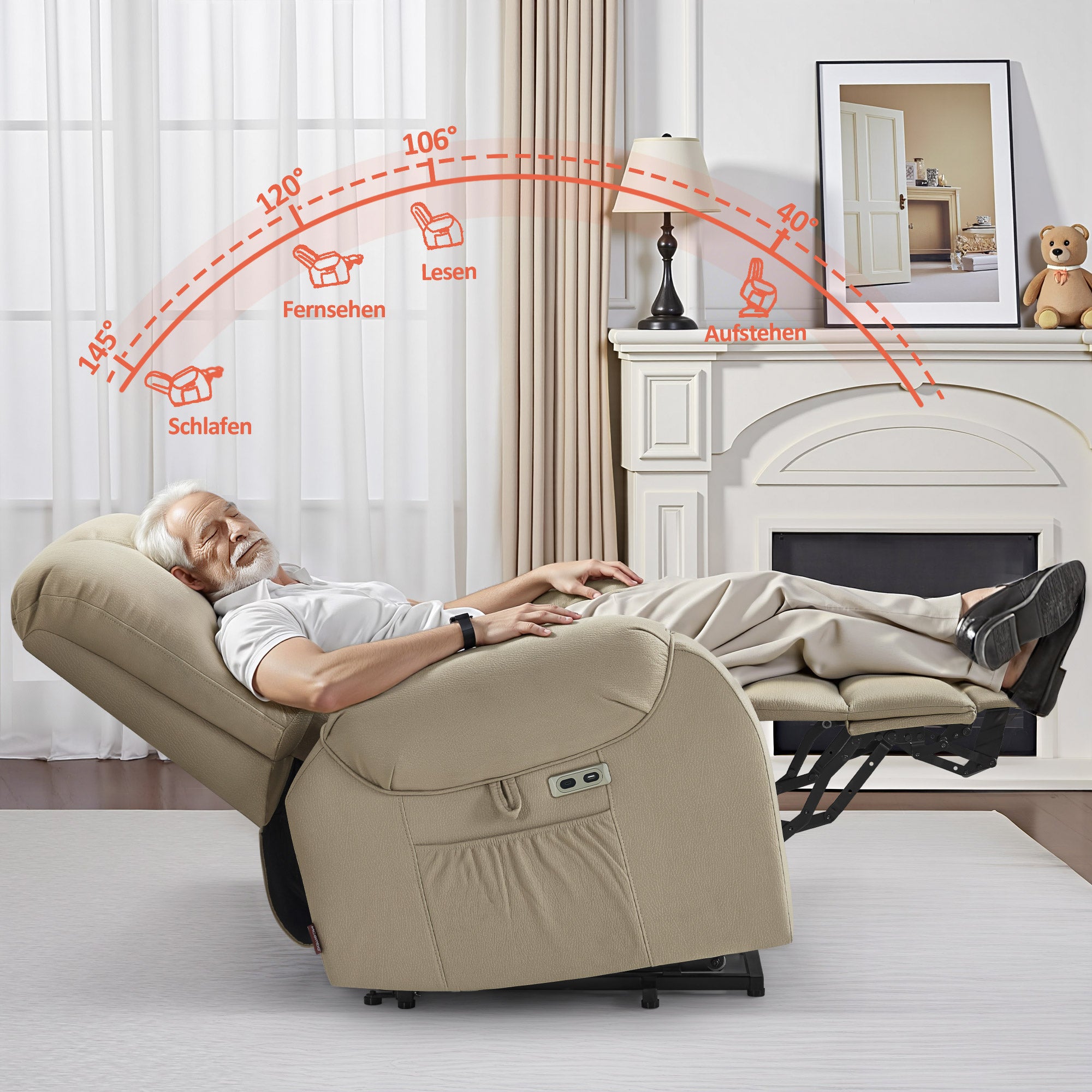 MCombo Poltrona TV elettrica con sollevamento assistito, massaggio e riscaldamento, schienale reclinabile fino a 145°, cuscino di seduta in schiuma 35D, portabicchieri a scomparsa 7252