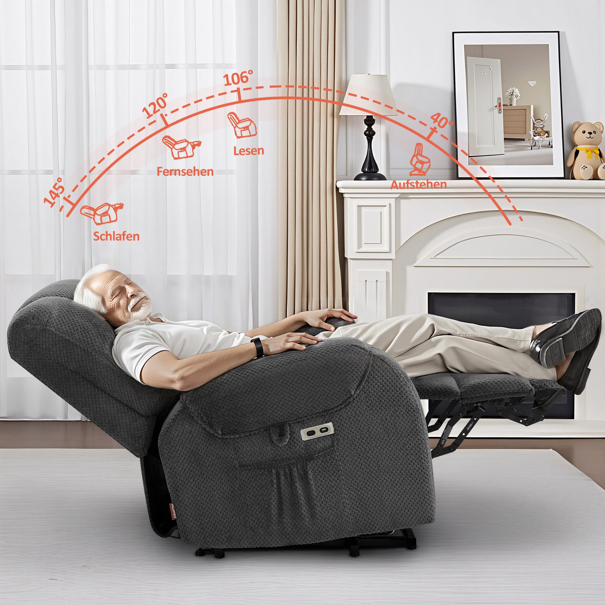 MCombo Poltrona TV elettrica con sollevamento assistito, massaggio e riscaldamento, schienale reclinabile fino a 145°, cuscino di seduta in schiuma 35D, portabicchieri a scomparsa 7252
