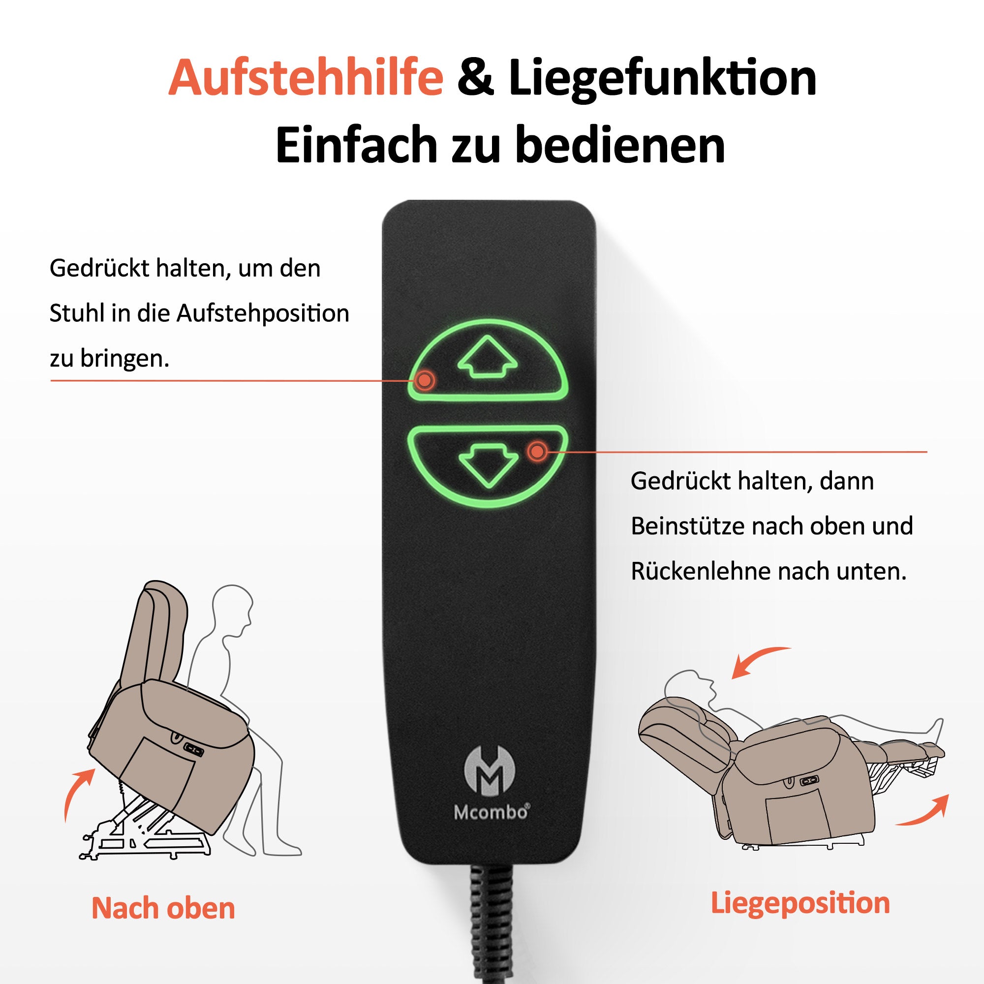 MCombo Poltrona TV elettrica con sollevamento assistito, massaggio e riscaldamento, schienale reclinabile fino a 145°, cuscino di seduta in schiuma 35D, portabicchieri a scomparsa 7252