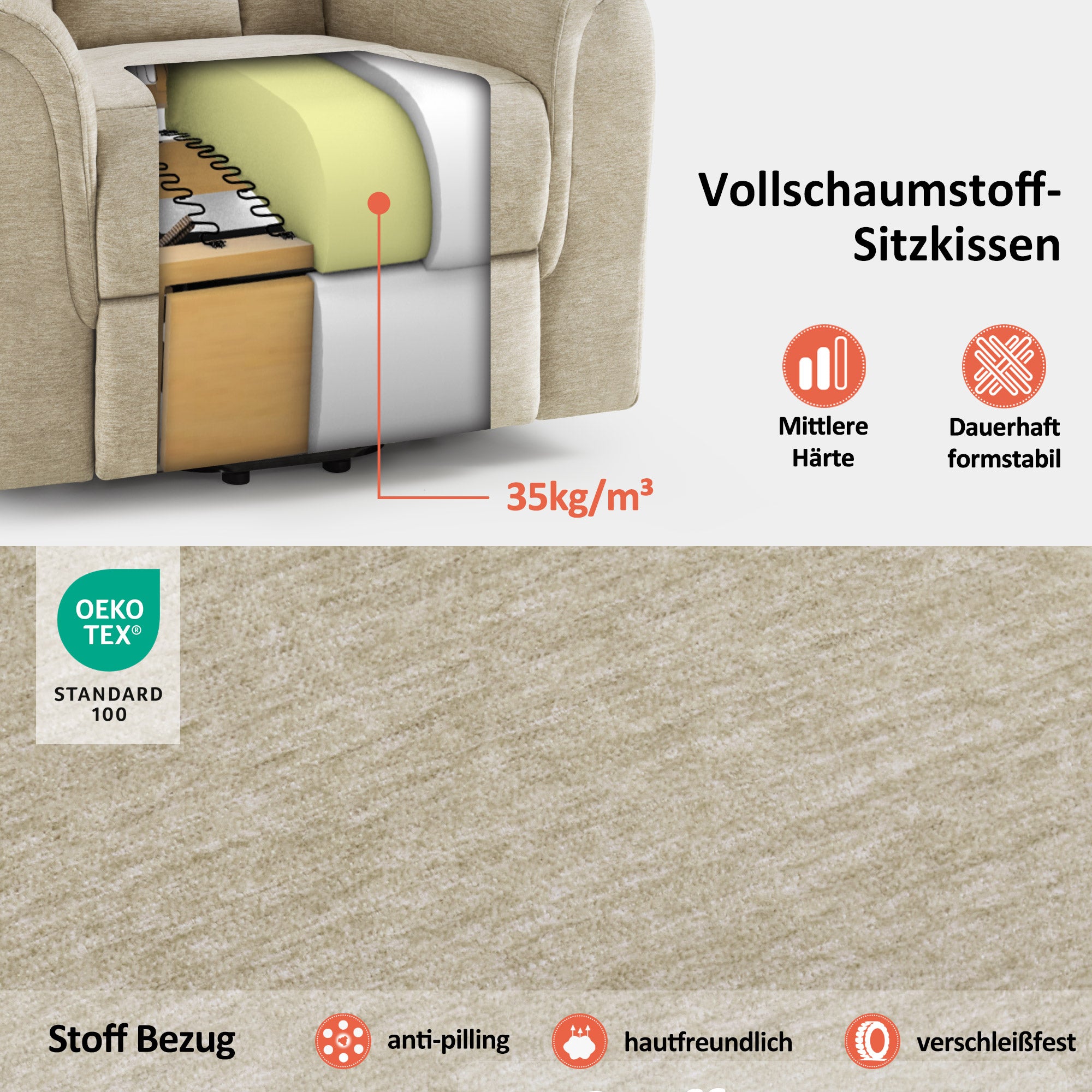 MCombo Poltrona reclinabile elettrica con sollevamento assistito, 2 ruote per la mobilità, massaggio e riscaldamento, poggiatesta regolabile, cuscino di seduta in schiuma 35D 7269