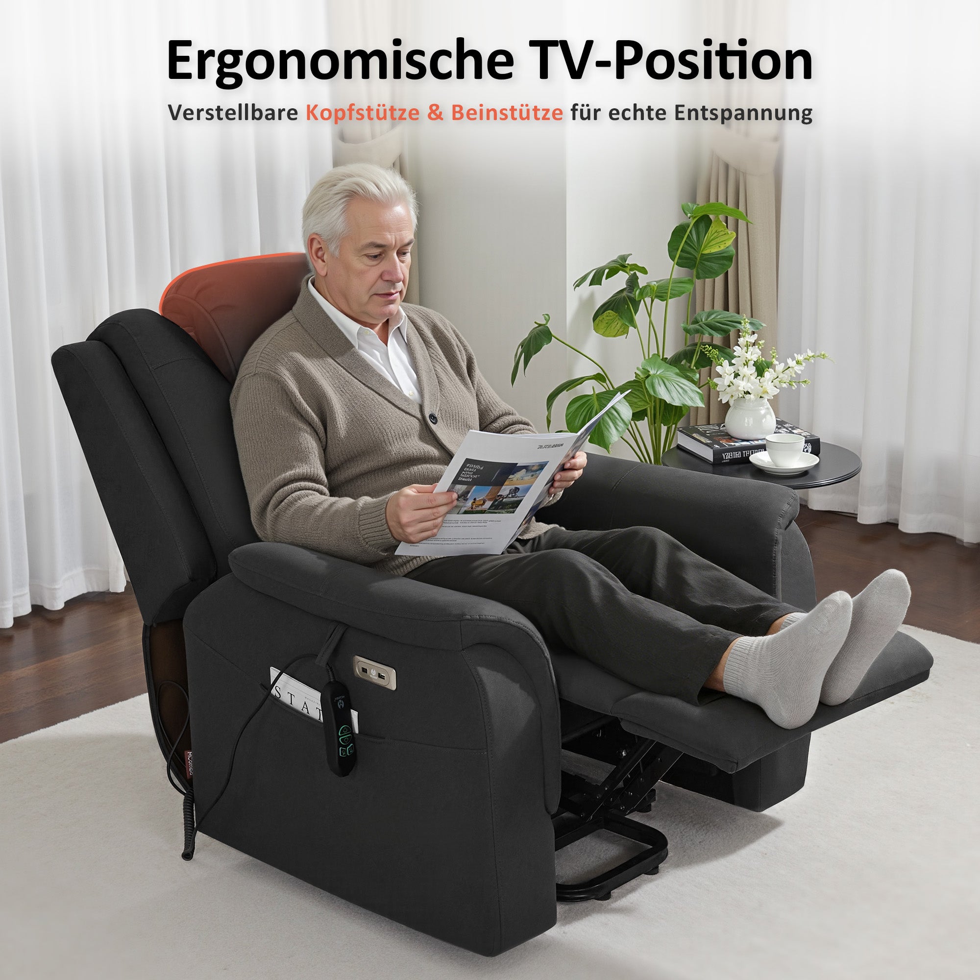 MCombo Poltrona reclinabile elettrica con sollevamento assistito, 2 ruote per la mobilità, massaggio e riscaldamento, poggiatesta regolabile, cuscino di seduta in schiuma 35D 7269