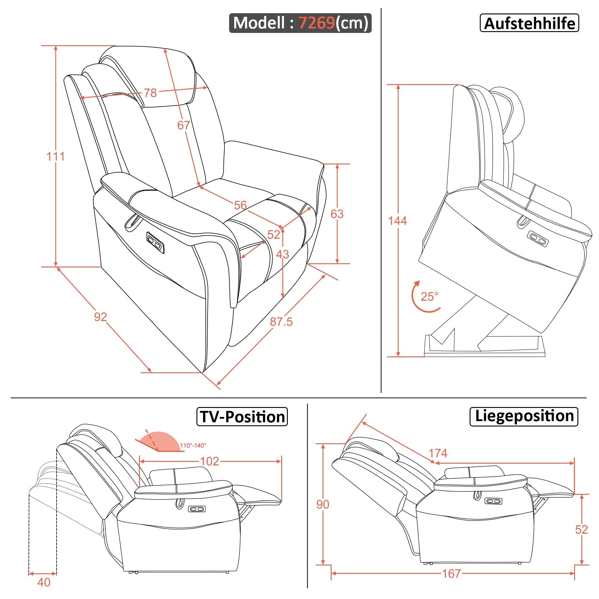 MCombo Poltrona reclinabile elettrica con sollevamento assistito, 2 ruote per la mobilità, massaggio e riscaldamento, poggiatesta regolabile, cuscino di seduta in schiuma 35D 7269
