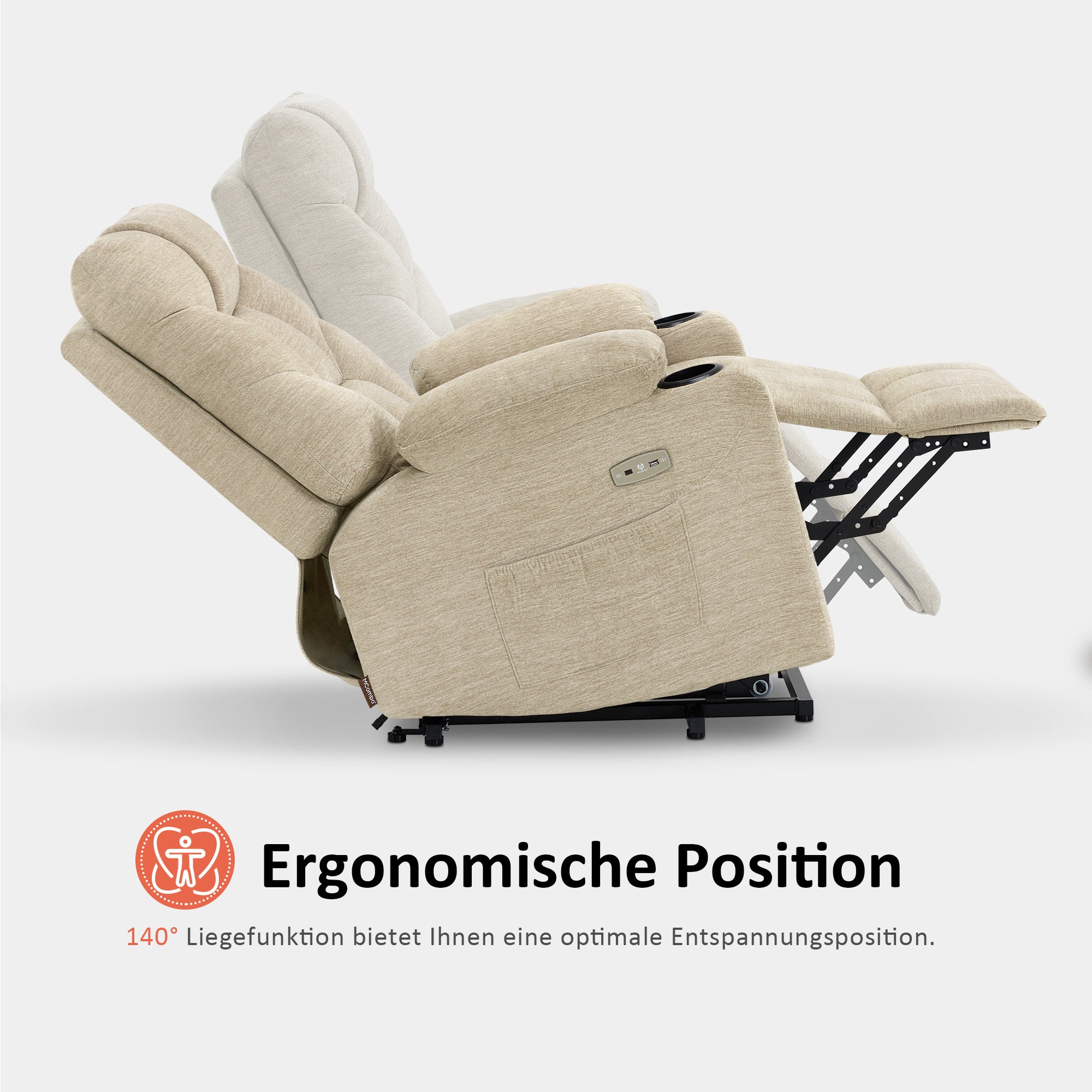 MCombo Poltrona reclinabile elettrica per TV con sollevamento assistito, poltrona reclinabile con sollevamento assistito, poltrona reclinabile per TV con funzione reclinabile fino a 140°, poltrona per anziani per soggiorno, con USB 7286