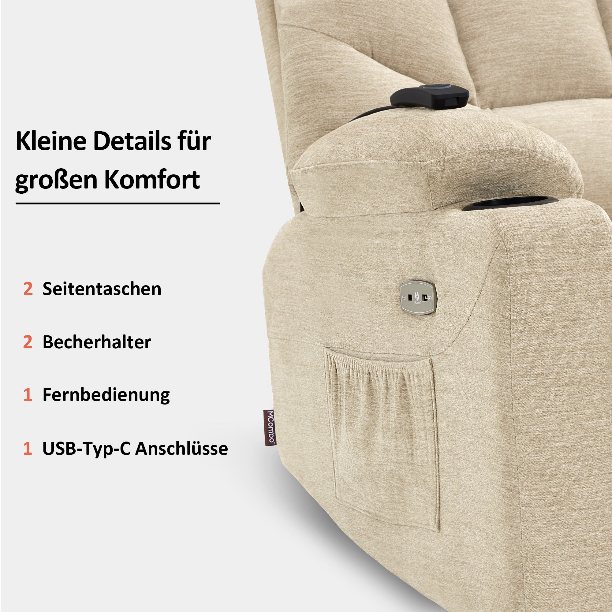 MCombo Poltrona reclinabile elettrica per TV con sollevamento assistito, poltrona reclinabile con sollevamento assistito, poltrona reclinabile per TV con funzione reclinabile fino a 140°, poltrona per anziani per soggiorno, con USB 7286