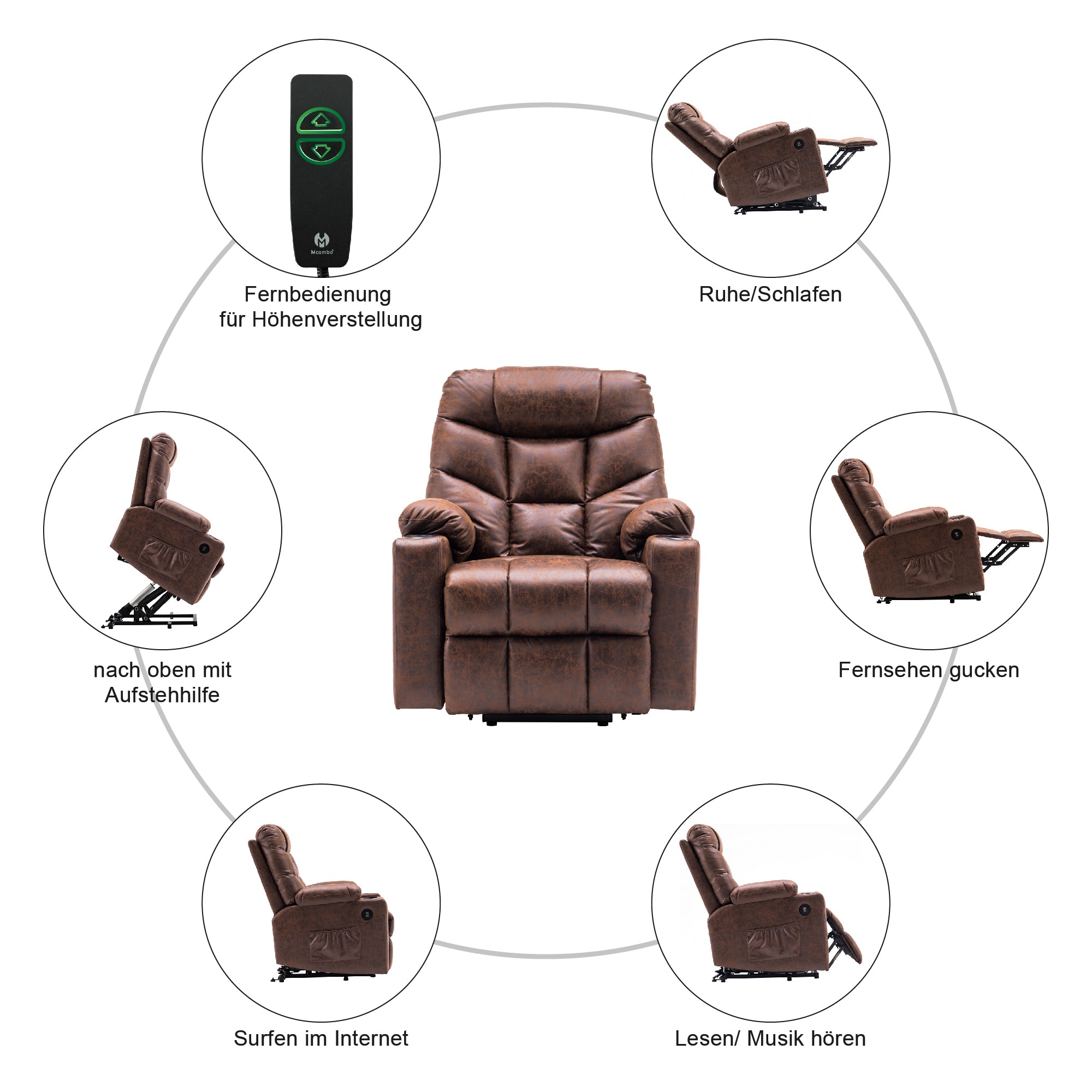 MCombo Poltrona reclinabile elettrica per TV con sollevamento assistito, poltrona reclinabile con sollevamento assistito, poltrona reclinabile per TV con funzione reclinabile fino a 140°, poltrona per anziani per soggiorno, con USB 7286
